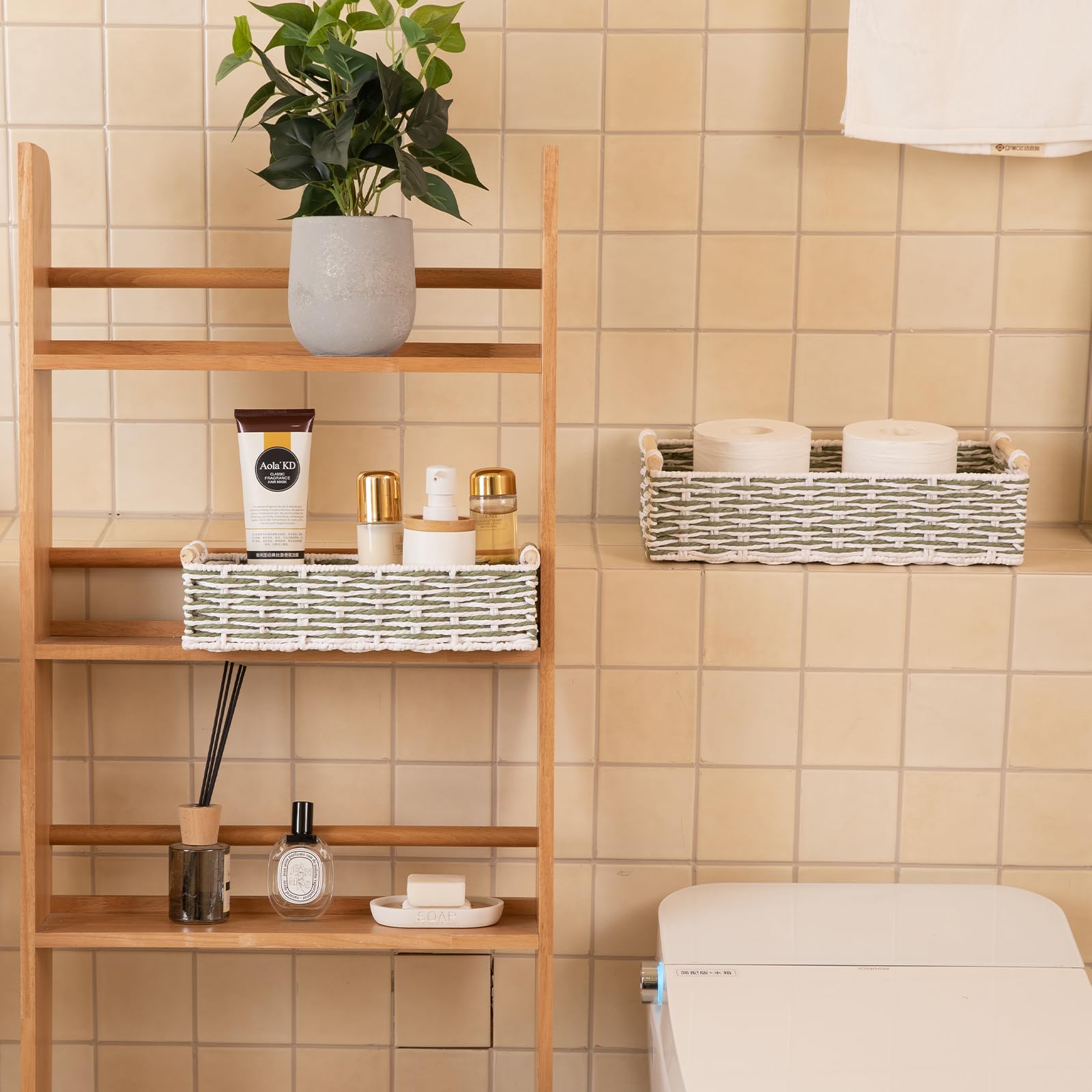 Toilet Paper Baskets Handmade Paper Rope Decorative Wicker Storage Tank Shelf Cabinet Organizer for Bathroom Home (2 Count)