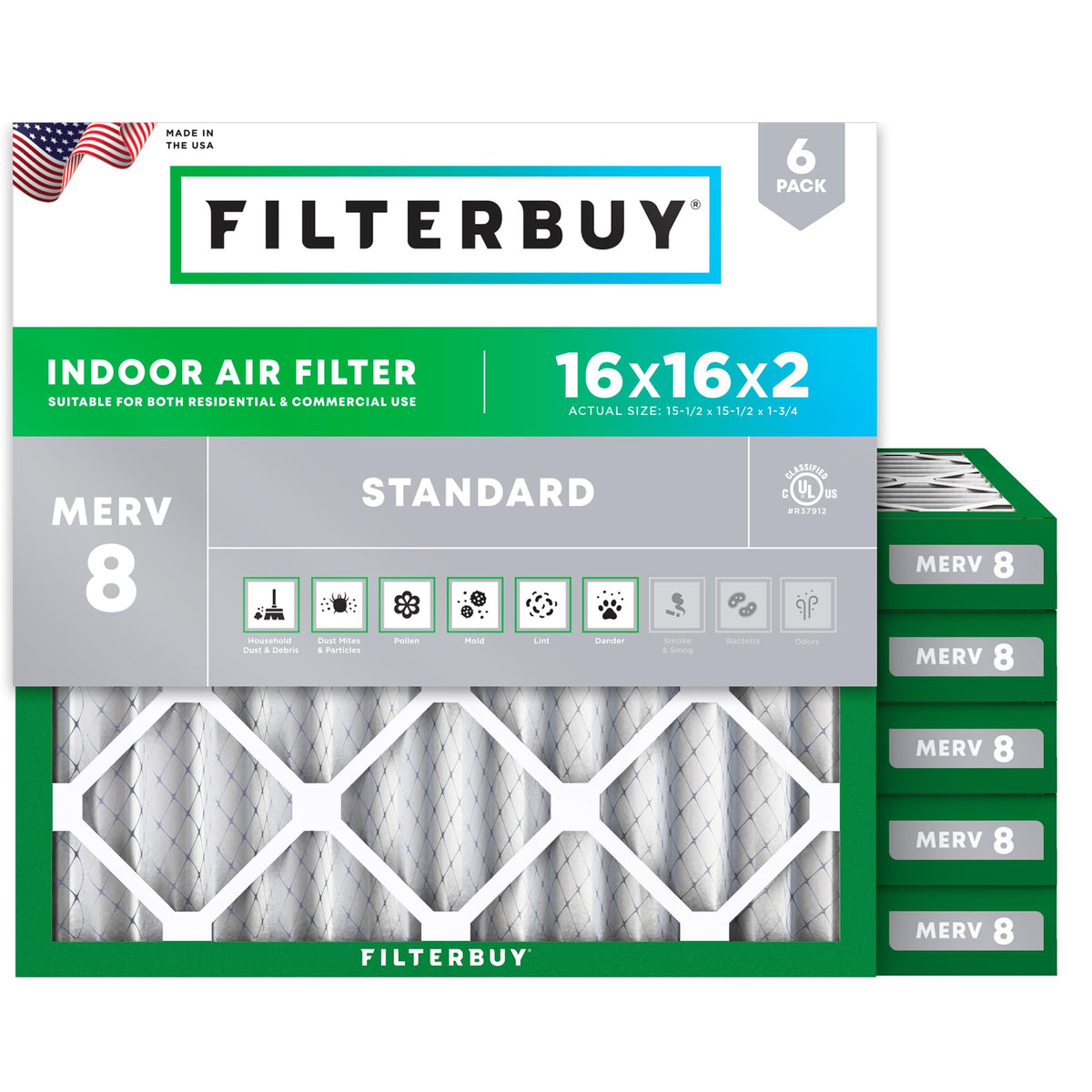 16x16x2 Air Filter MERV 8 Dust & Allergy Defense (6 Count)