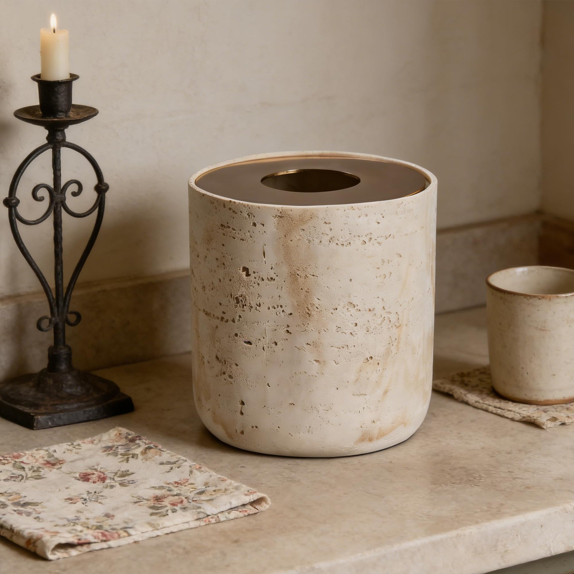Natural Travertine Textures Mini Trash Can with Rose Gold Stainless Steel Lid