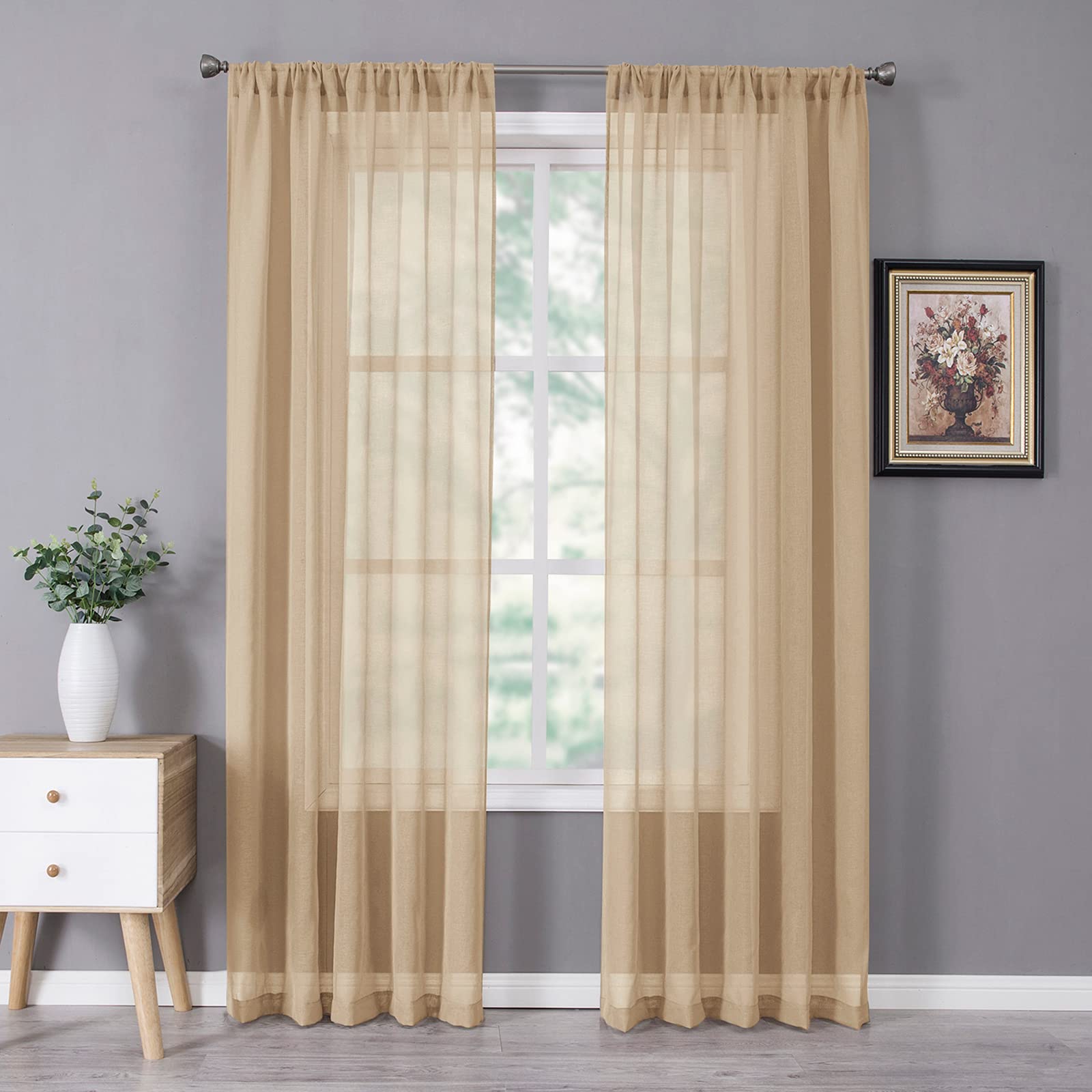 Sheer Curtain Linen Textured Living Room Curtains Sheer Light Filtering Rod Pocket Voile Curtain for Bedroom