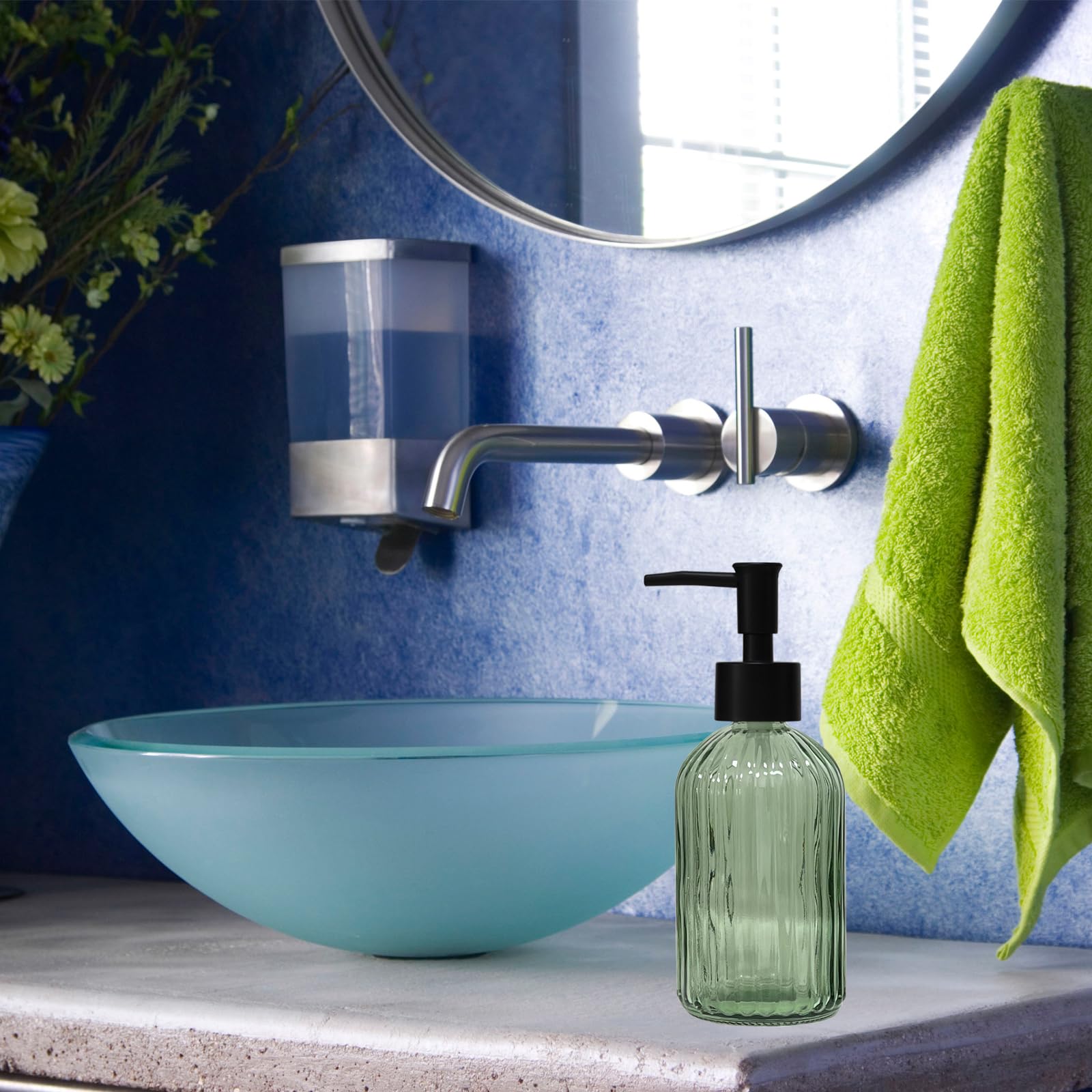 Green Glass Soap Dispenser with Black Plastic Pump