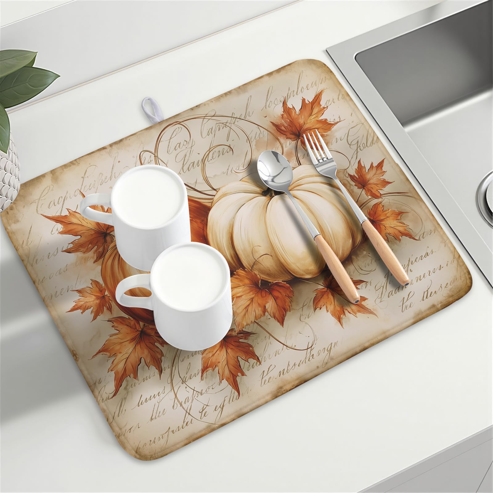 Fall Pumpkin Dish Drying Mat 18”x24”Vintage Autumn Drying Mat for Kitchen Counter Absorbent Maple Leaf Fall Thanksgiving Farmhouse Dishes Pad Drainer Mat Countertop Protector for Kitchen Fast Dry