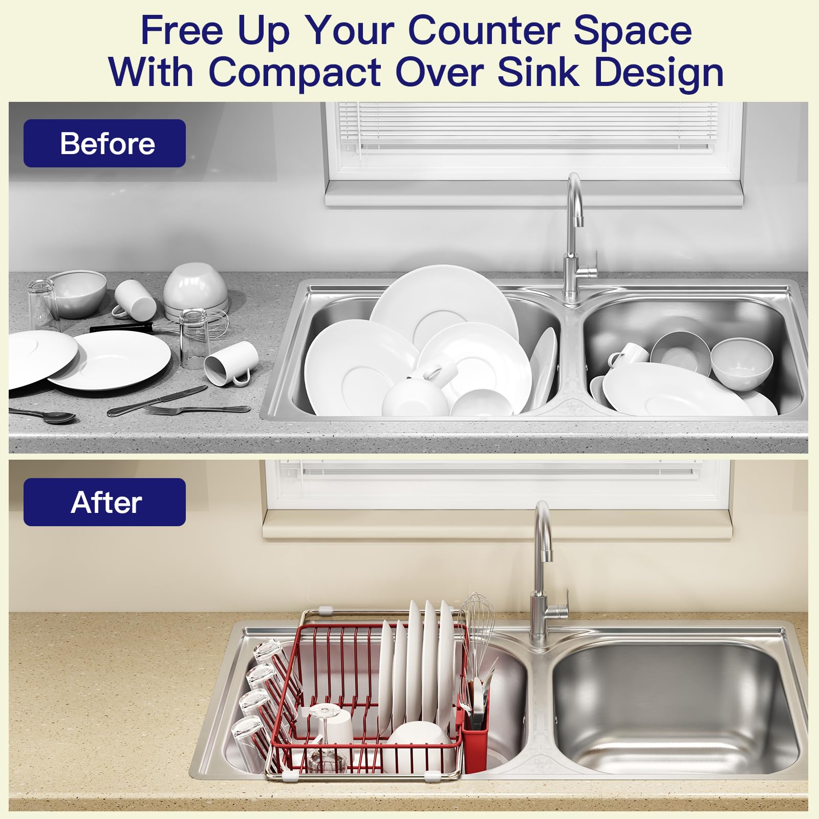 Red Dish Drying Rack Over The Sink with Utensil Holder