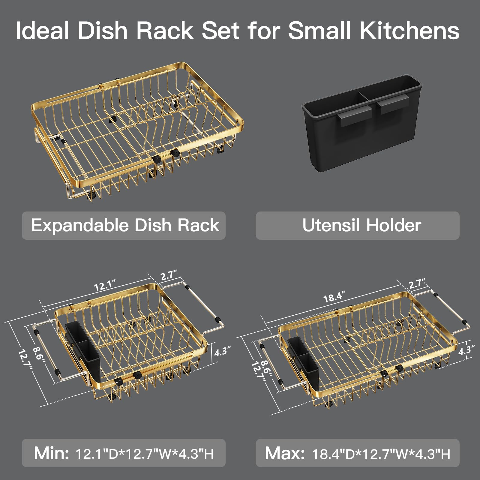 Gold Dish Drying Rack Over The Sink with Utensil Holder