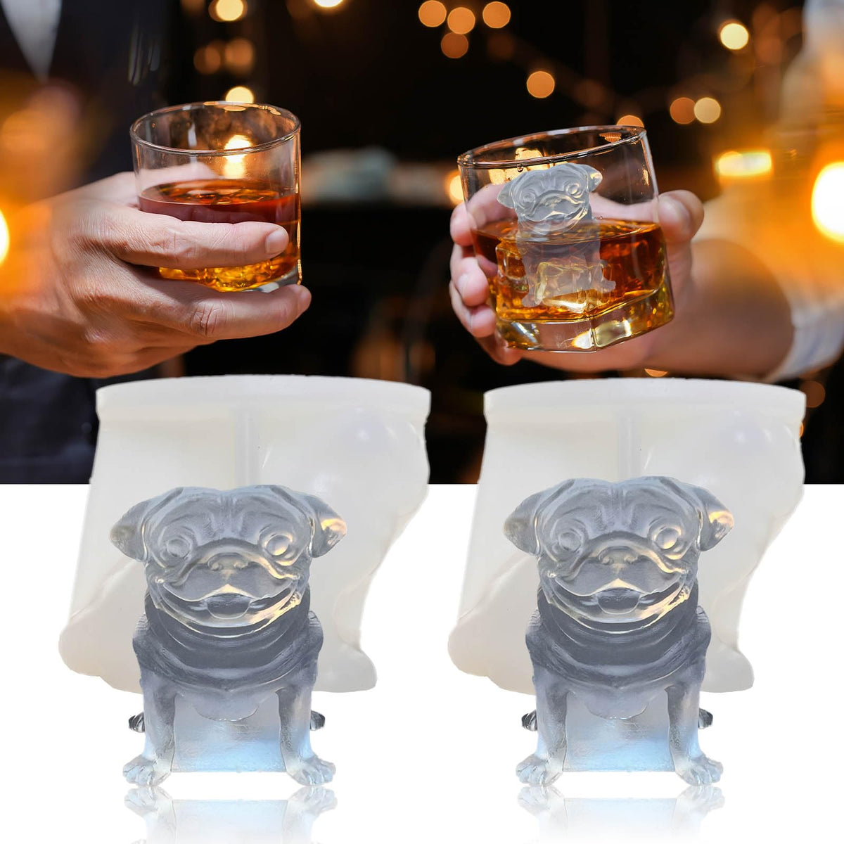 3D Pug Dog Ice Cube Silicone Molds Tray for Whiskey (2 Count)