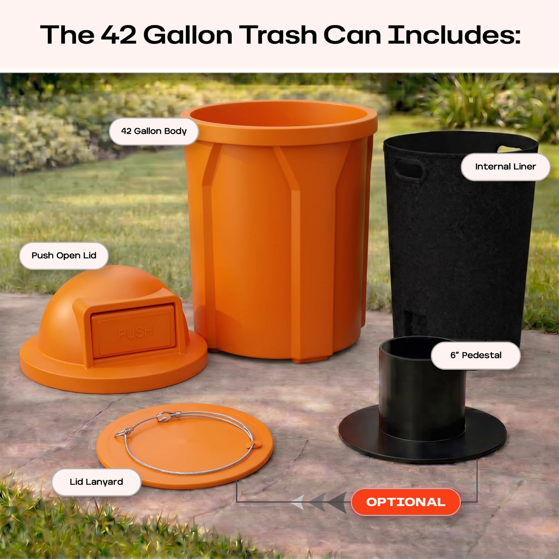 Campus Collection 42 Gallon Plastic Commercial Garbage Can with Push Lid