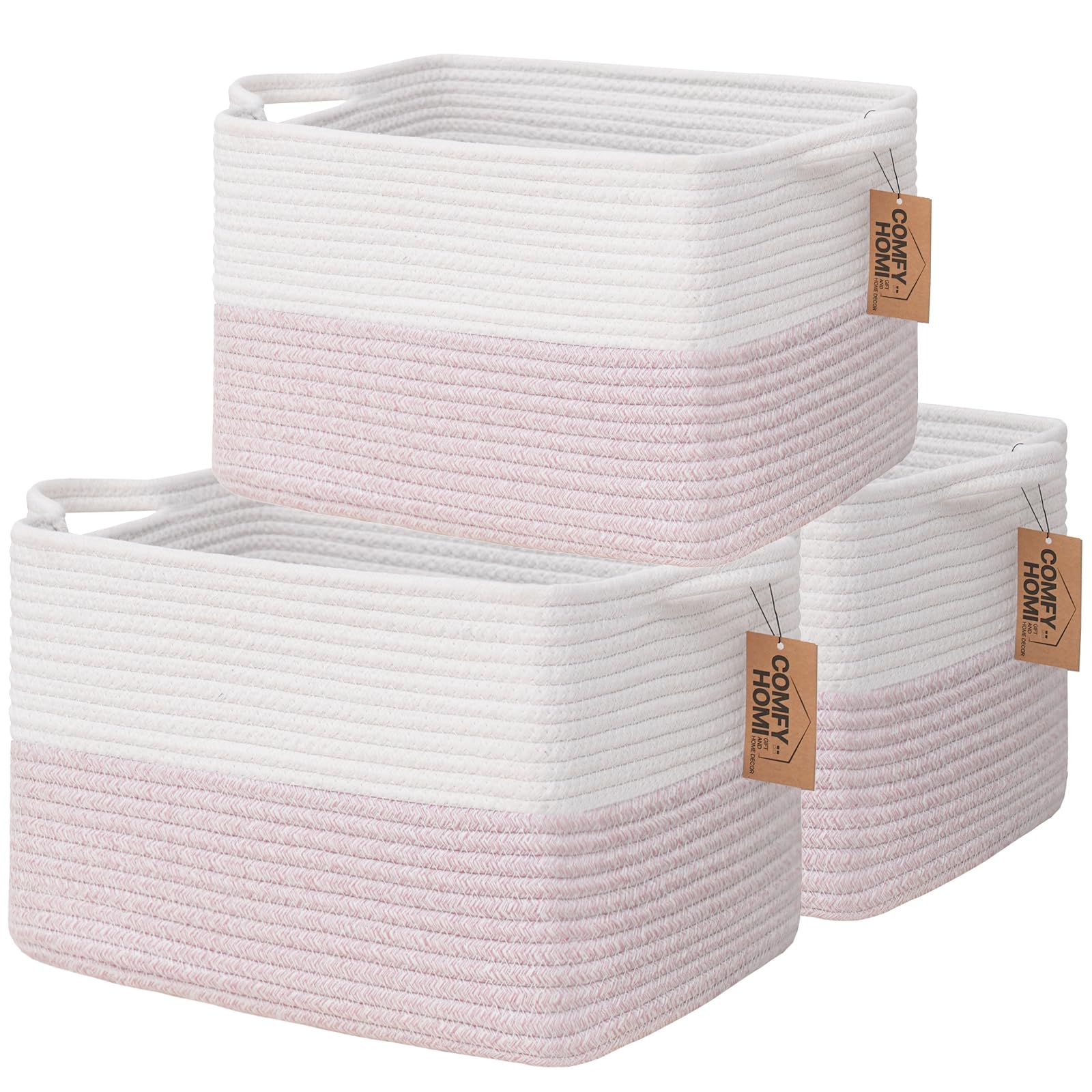 3PACK Cotton Rope Square baske with Handles for Shelves (3 Count)