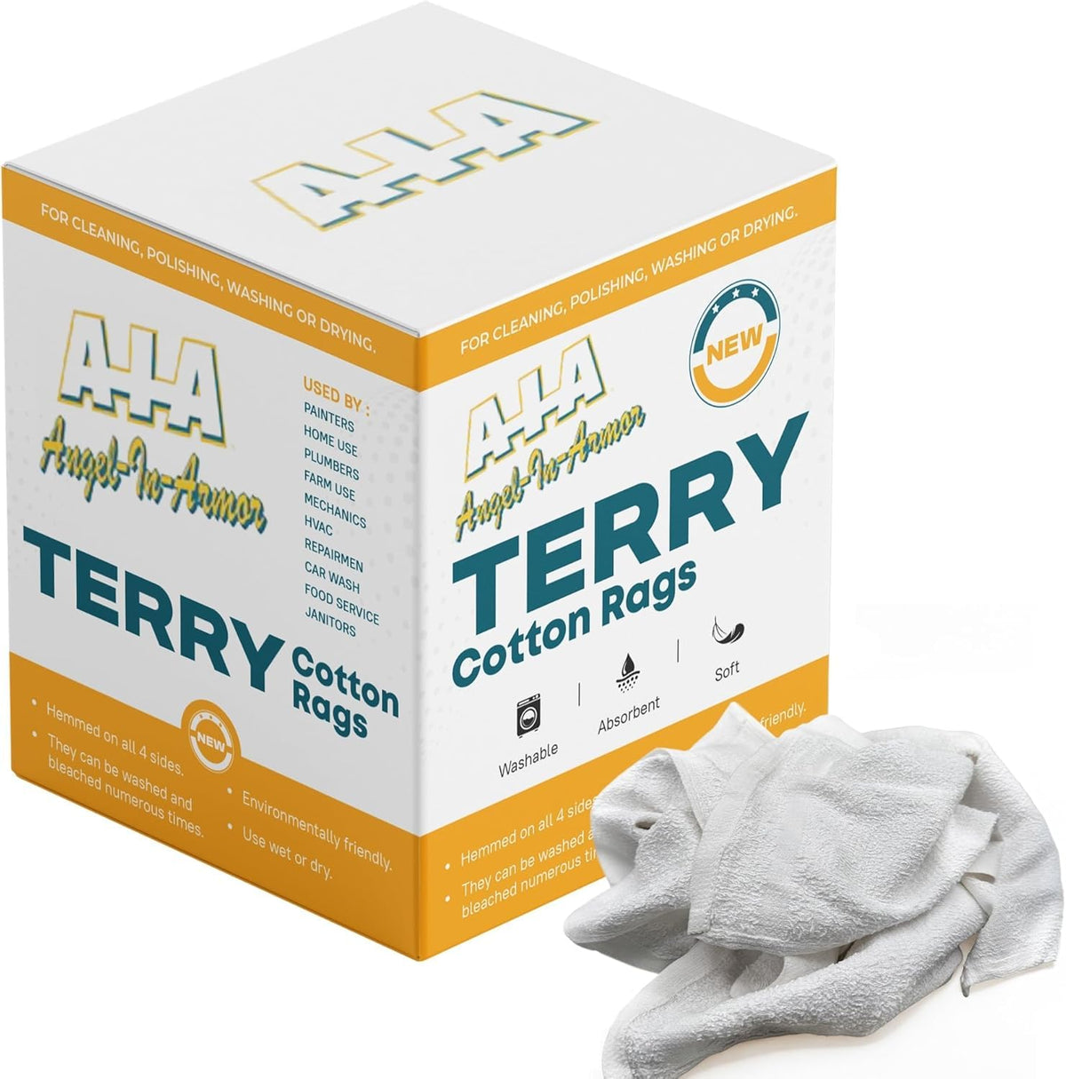 Angel-in-Armor White Terry Cloth Rags (16” x 19”) – 50lb Bulk Box of 100% Cotton Cleaning Rags – Reclaimed Towels for Plumbers, Shop Use, Janitorial, and Commercial Cleaning (800 Ounce)