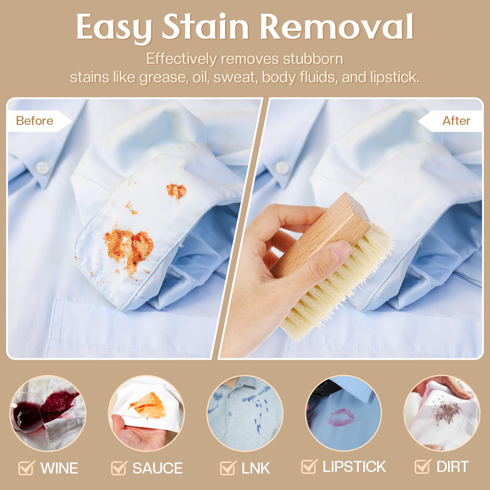3 Pcs Wood Laundry Stain Brush Stain Remover Brushes with Boar Bristle Small Stain Brush for Clothes for Scrubbing Stains from Furniture Fabric Leather (3 Count)