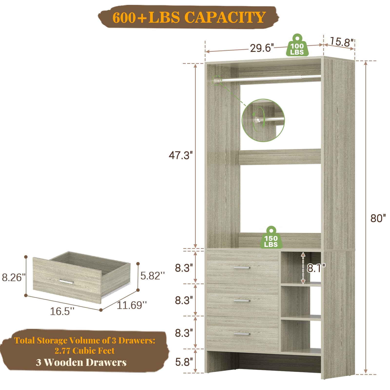 2.5FT Closet System with 3 Drawers