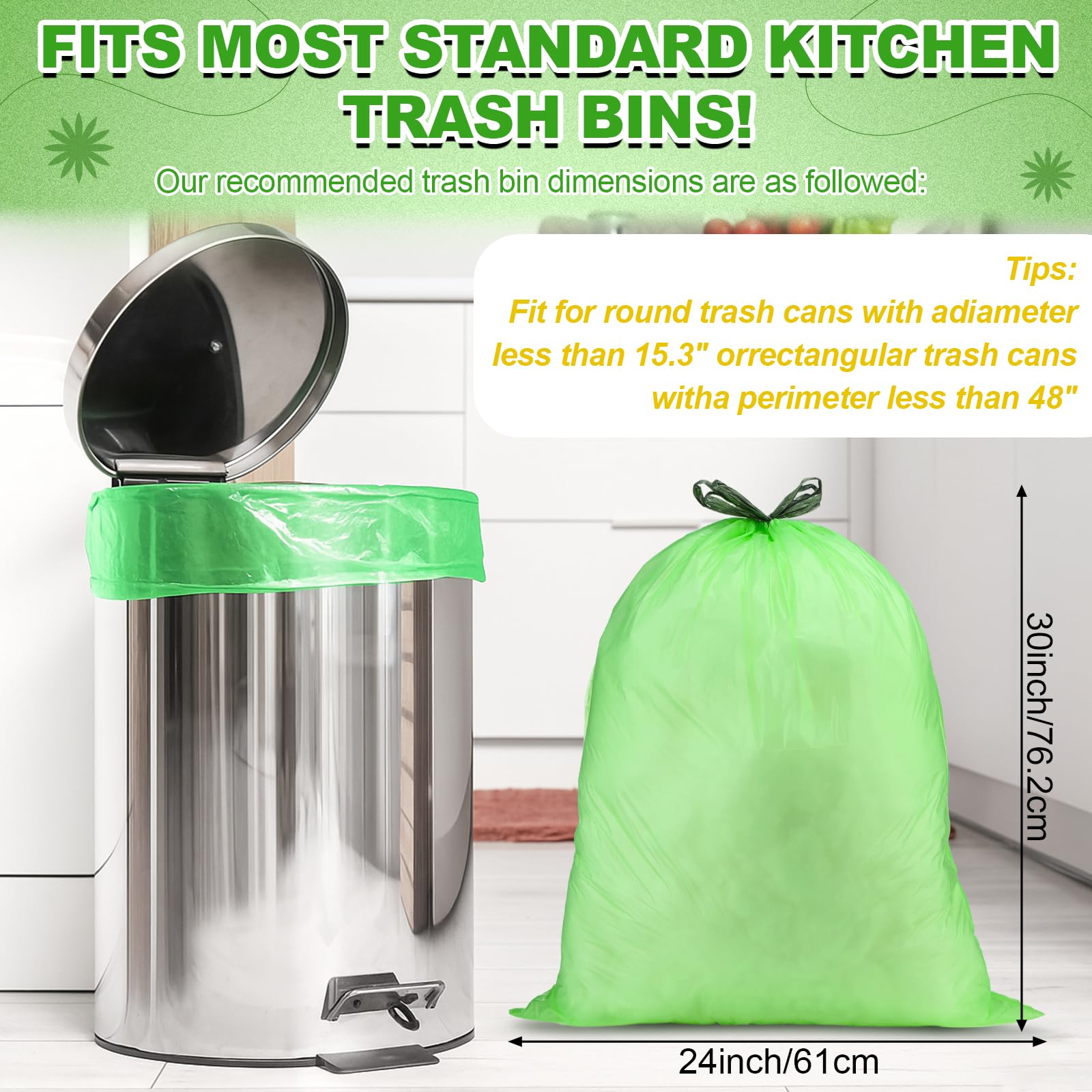 200 Count 13 Gallon Compostable Trash Bags with Drawstring Tall Kitchen Food Scrap Waste Bag Heavy Duty Extra Thick 1 Mil Tear Resistant for Lawn Yard Home Kitchen Office (10 Count)