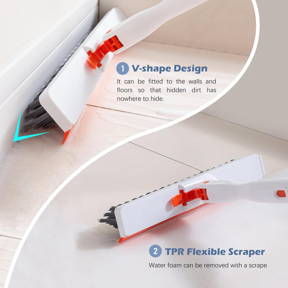 4-in-1 Tile Tub Floor Scrubber with V-Shaped Grout Brush, Orange