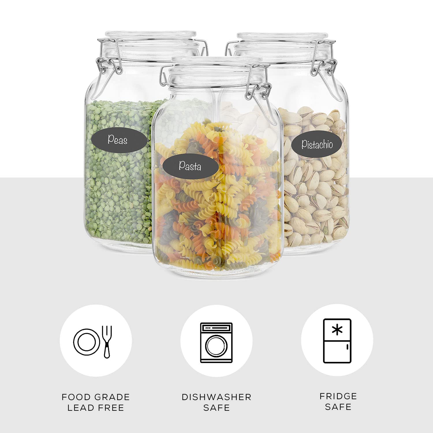 Airtight Glass Jars with Lids Set of 3. 50oz Glass Jar with Lid and 6 Silicone Seals! Med Glass Food Storage Containers. Square Mason Jar (3 Count)