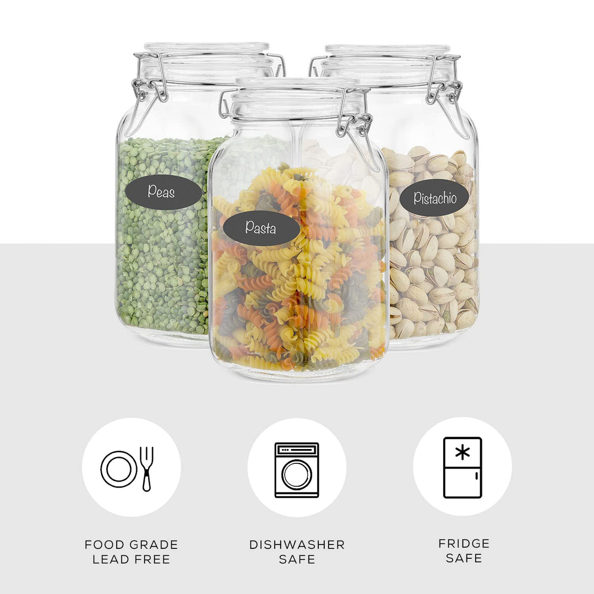 Airtight Glass Jars with Lids Set of 3. 50oz Glass Jar with Lid and 6 Silicone Seals! Med Glass Food Storage Containers. Square Mason Jar (3 Count)