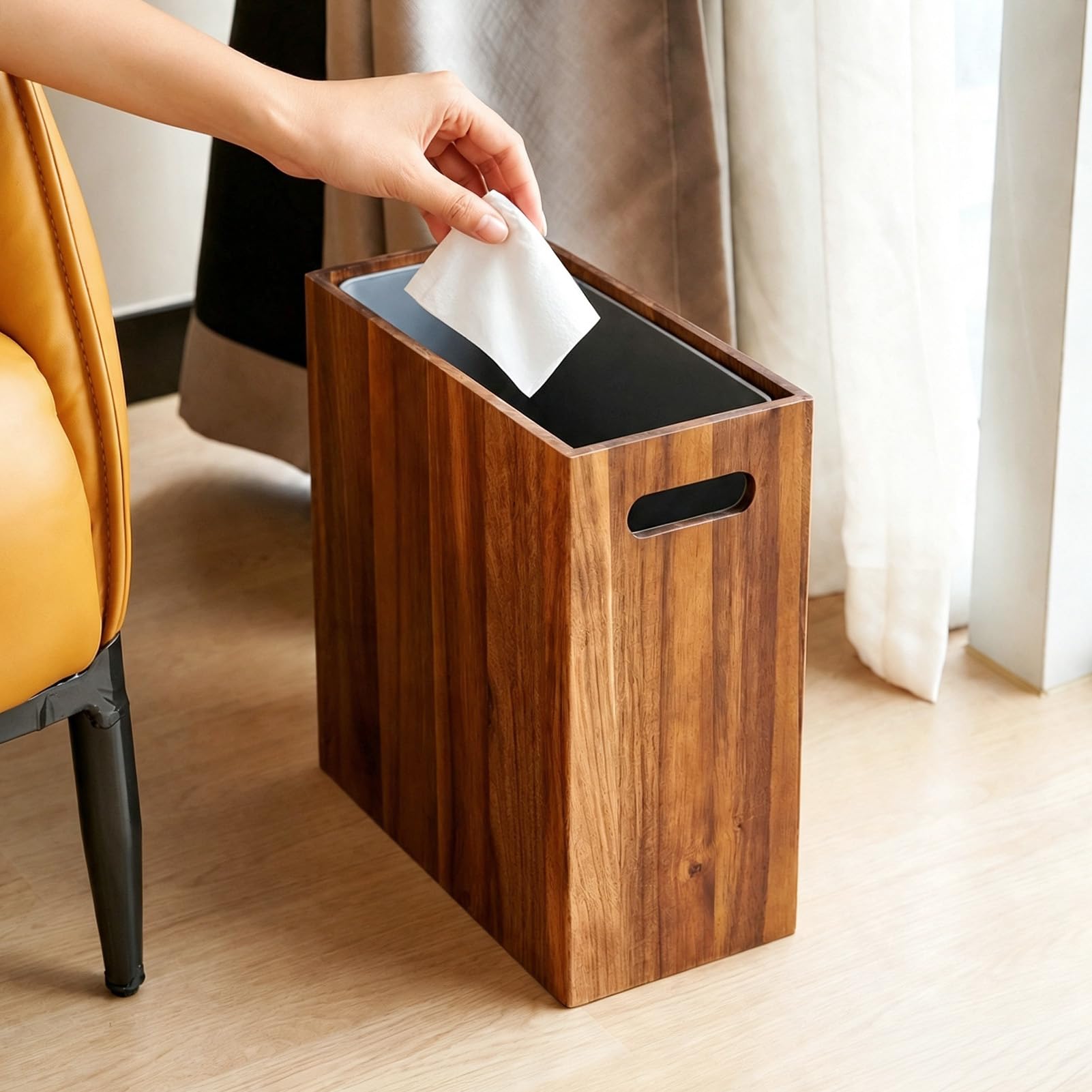 3 Gallon Solid Acacia Wood Trash Can with Liner & Handles