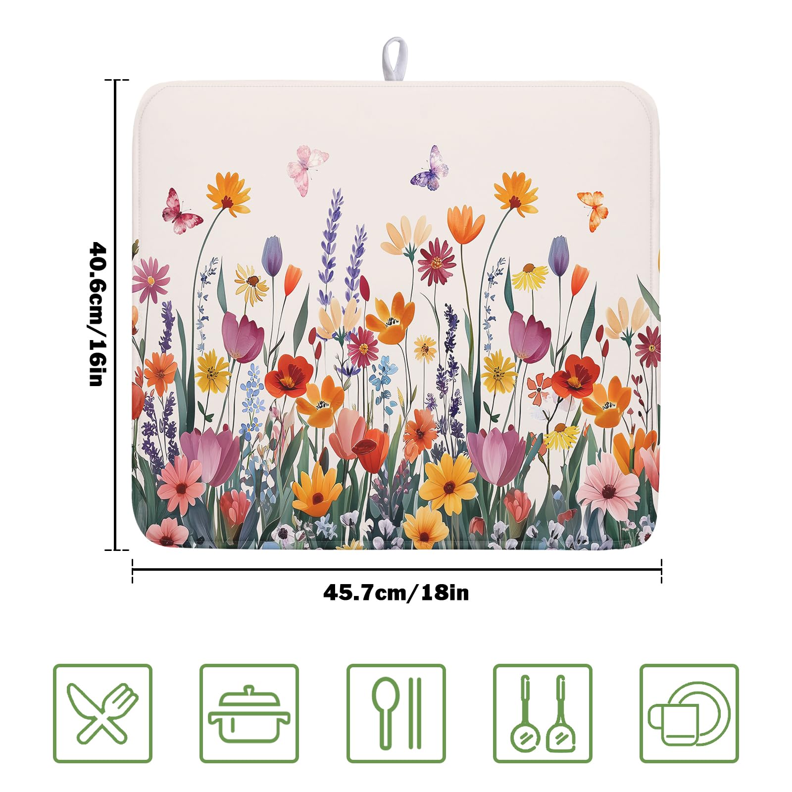 Spring Summer Flowers Dish Drying Mat for Kitchen Counter 16"x18" Colorful Floral Drying Mat Soft Absorbent Microfiber Farmhouse Fluttering Butterfly Dish Drainer Rack Mats for Counter tops