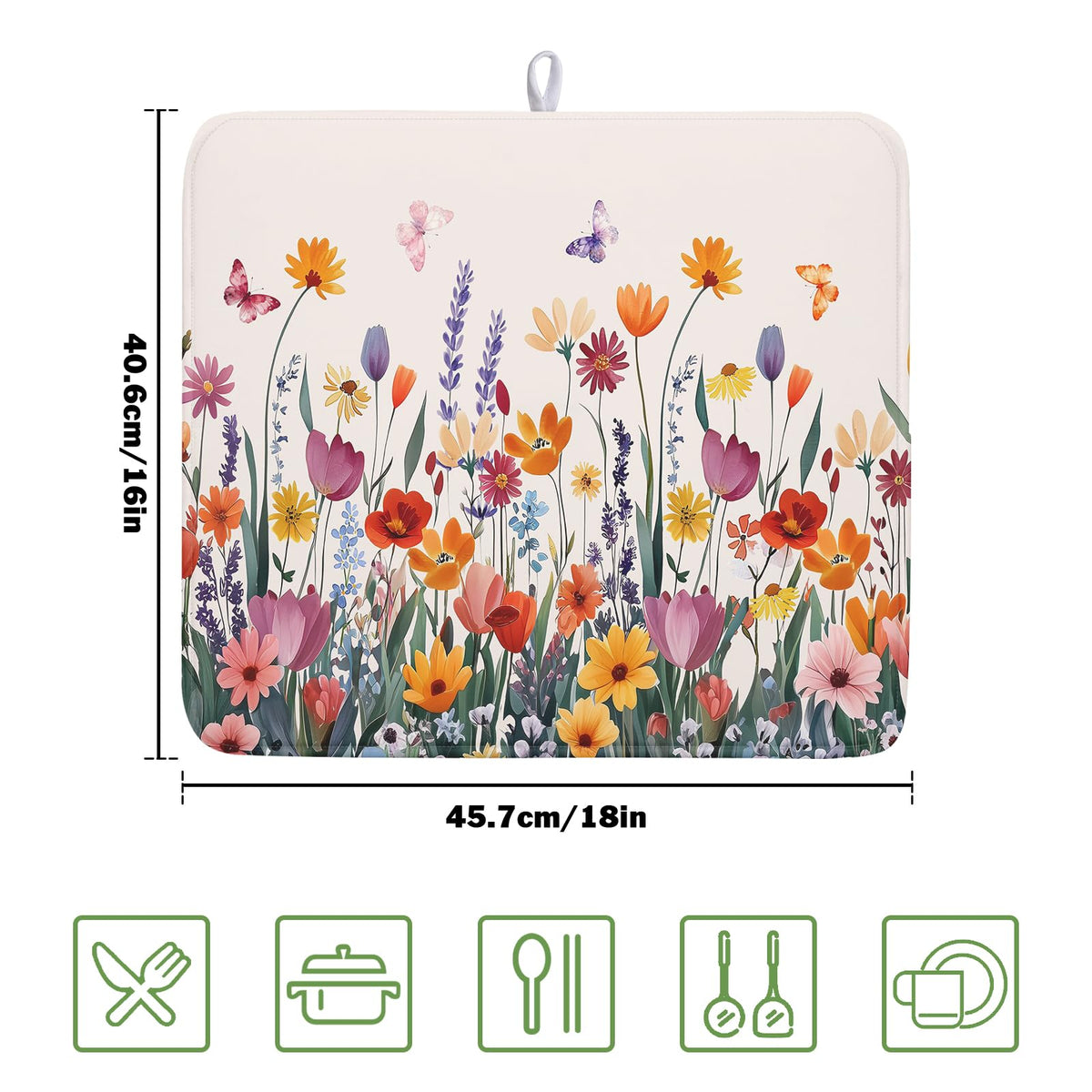 Spring Summer Flowers Dish Drying Mat for Kitchen Counter 16"x18" Colorful Floral Drying Mat Soft Absorbent Microfiber Farmhouse Fluttering Butterfly Dish Drainer Rack Mats for Counter tops