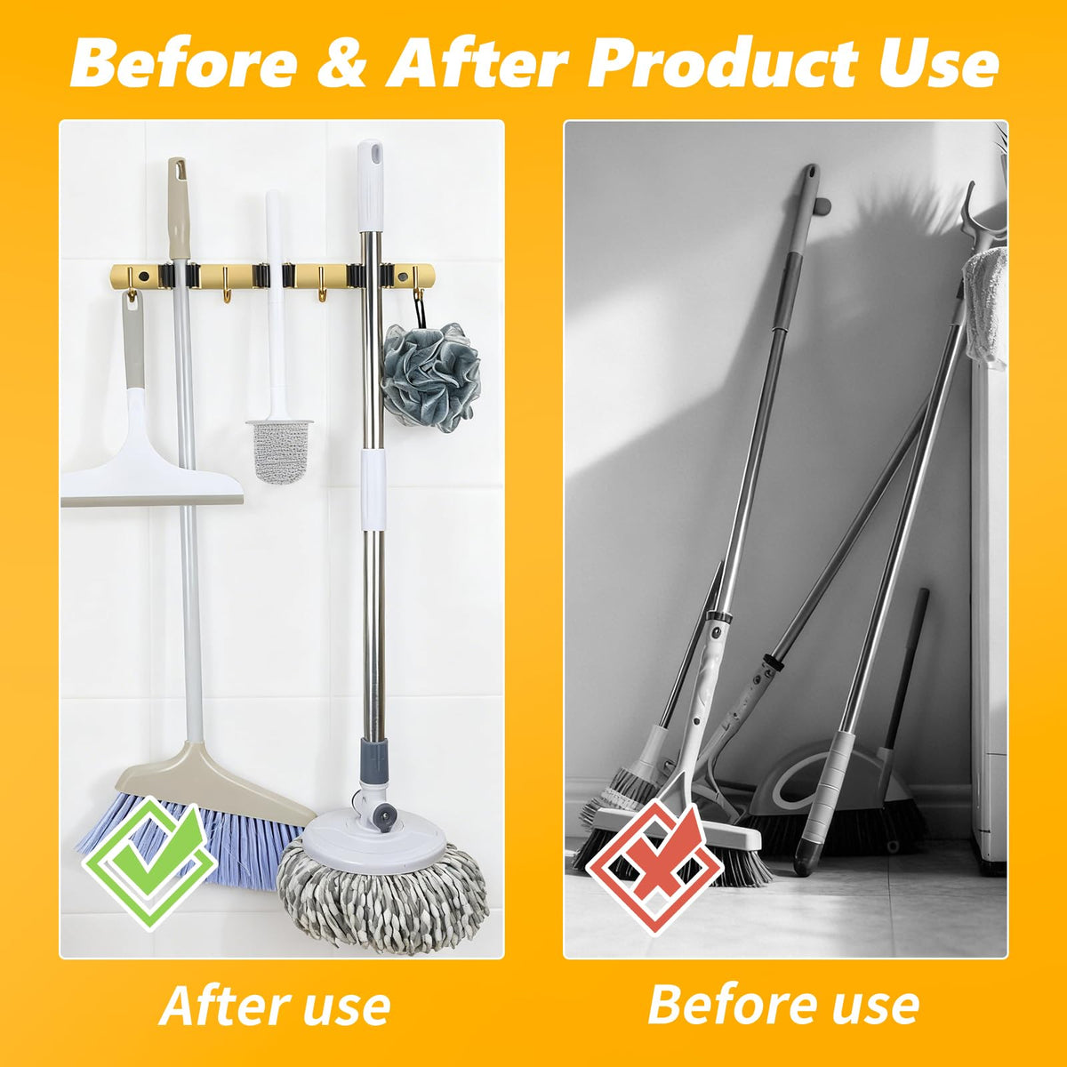 3 Racks and 4 Heavy Duty Hooks Mop and Broom Holder Wall Mount