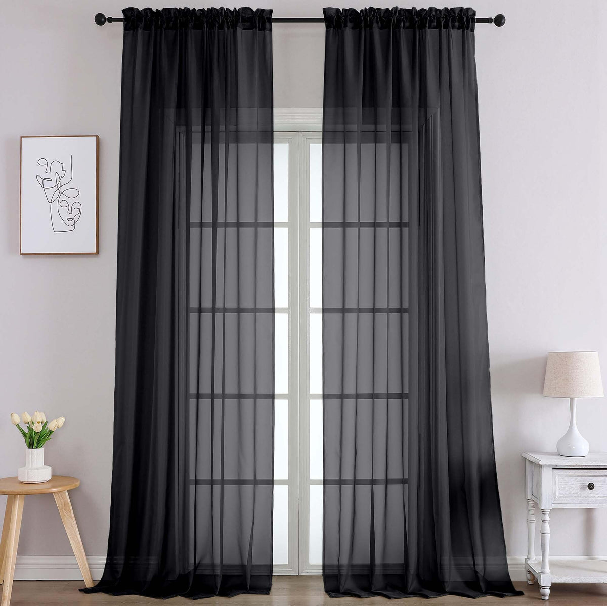 Extra Long Black Sheer Curtains 120 Inches Long 2 Panels (2 Count)