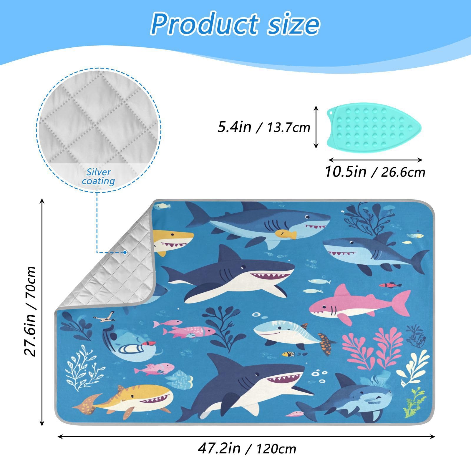 Sharks Fishes and Seaweed Blue Ironing Mat Thickened Ironing Blanket Travel Portable Double
