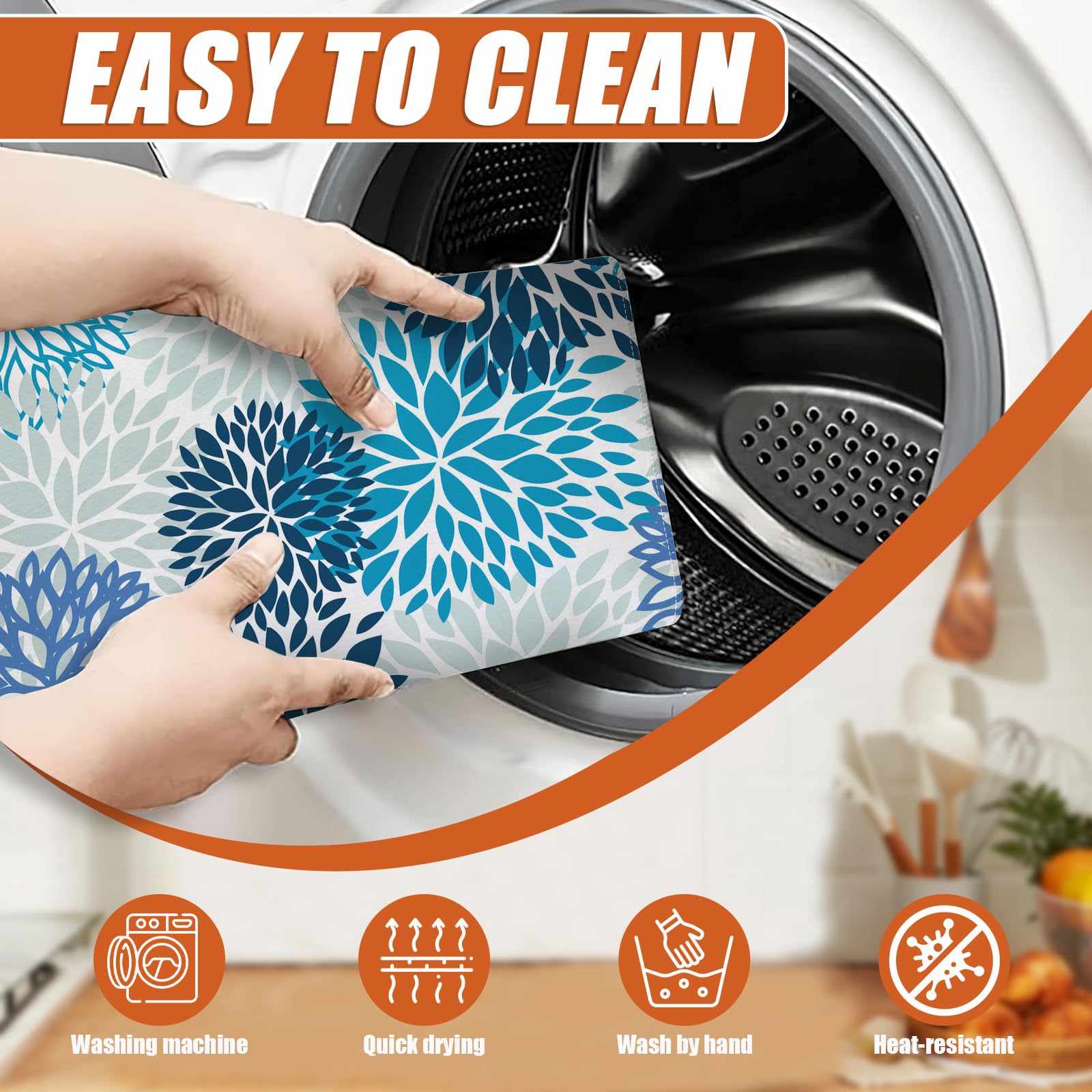Blue Floral Dish Drying Mat for Kitchen Counter Microfiber Absorbent Dish Kitchen Drying Mat Draining Reusable Washable for Dishes