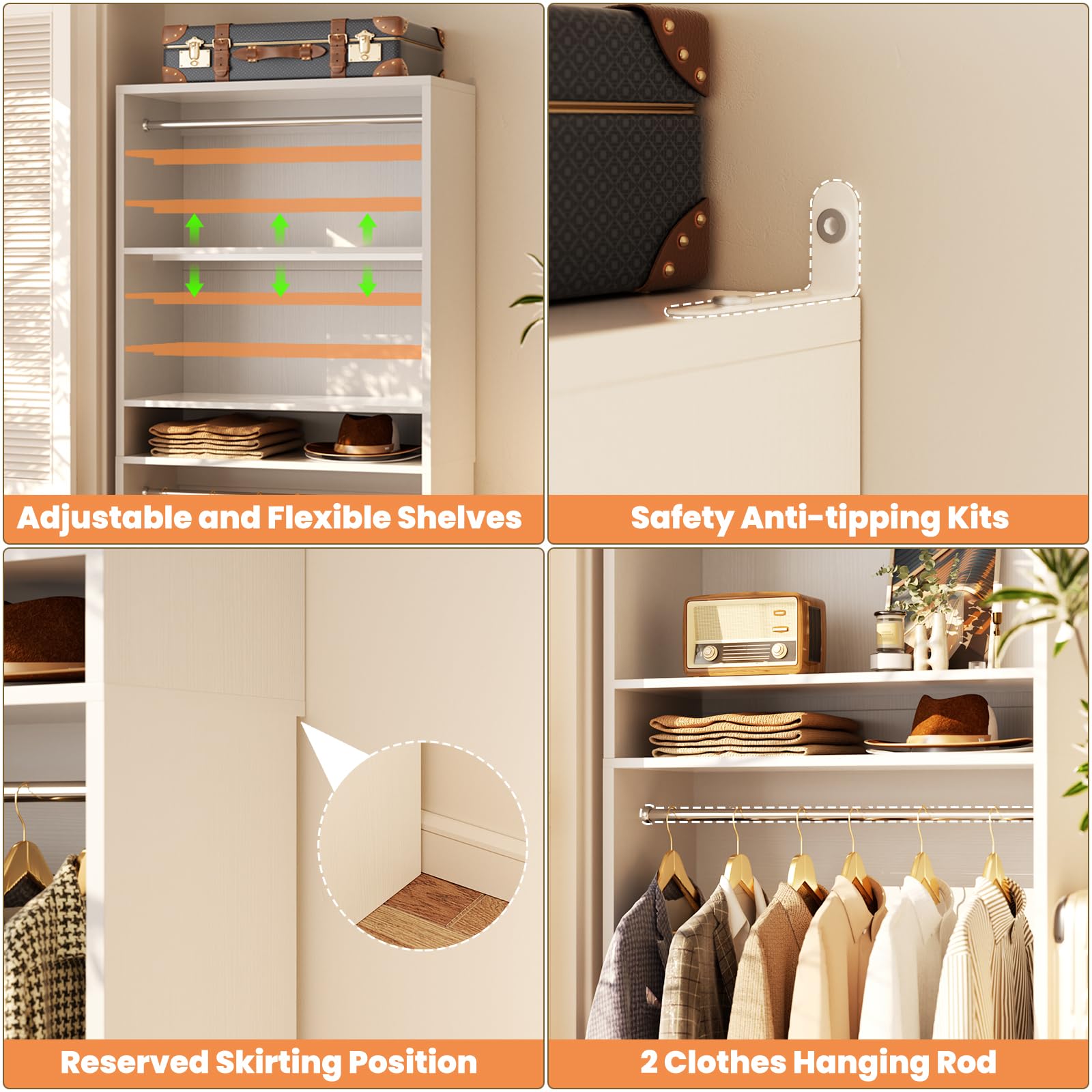 3FT Freestanding Closet System with 2 Hanging Rods & Adjustable Shelve