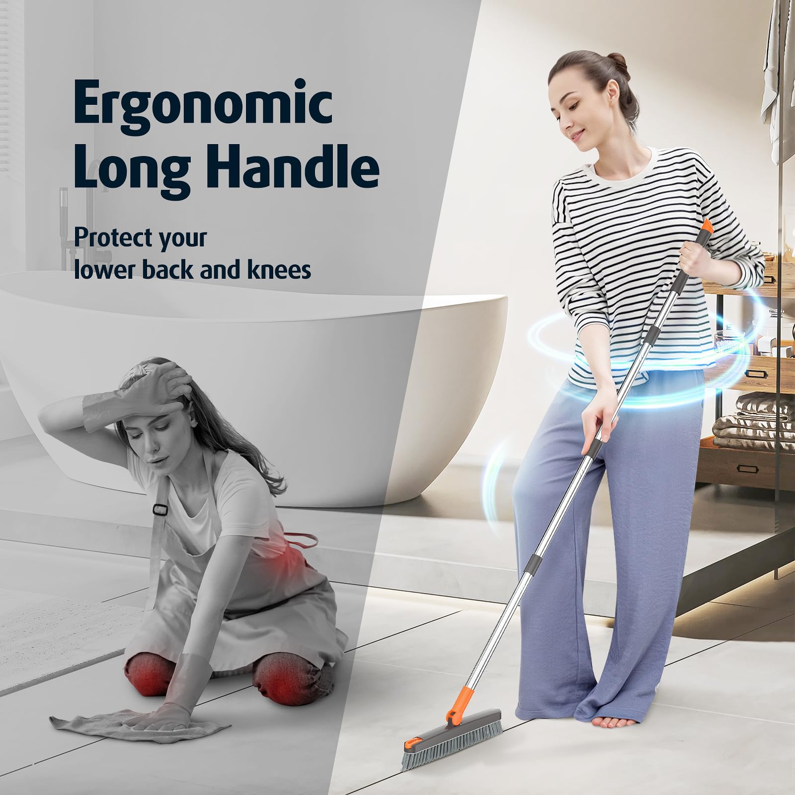 Heavy Duty Grout Scrub Brush with Long Handle & Hair Clip