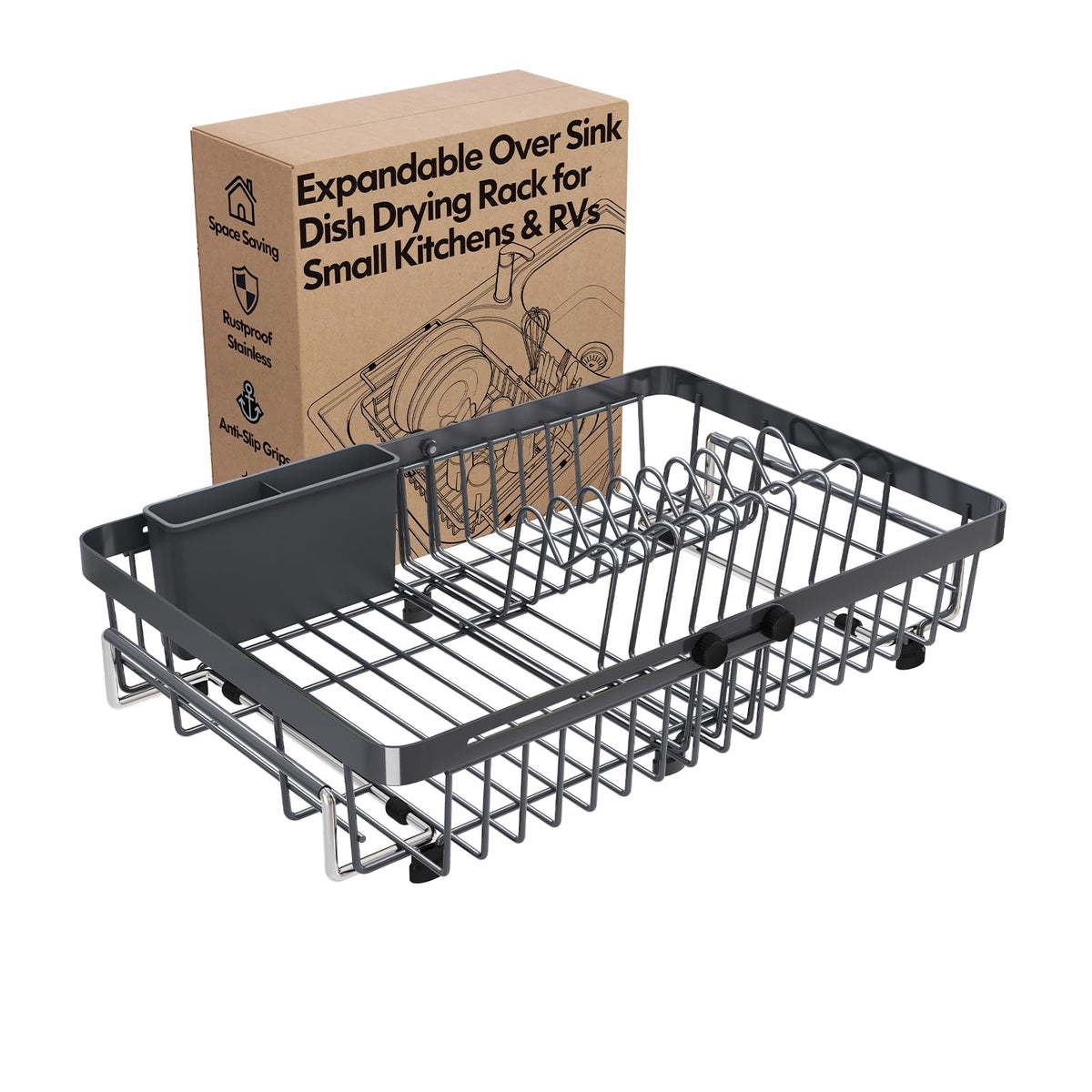Grey Dish Drying Rack Over The Sink with Utensil Holder