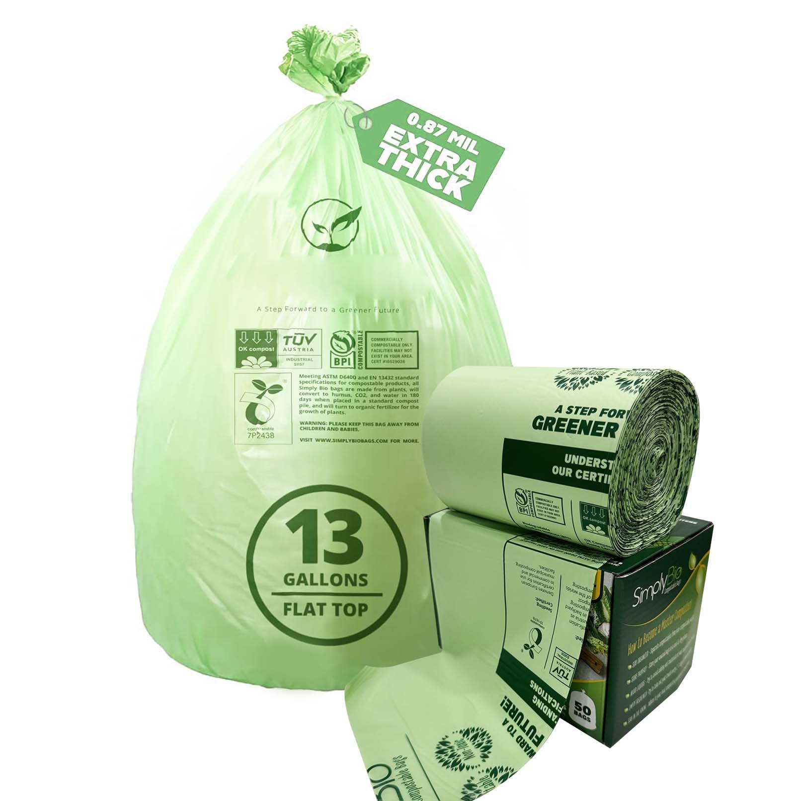 13 Gallon Compostable Trash Bags with Flat (50 Count)