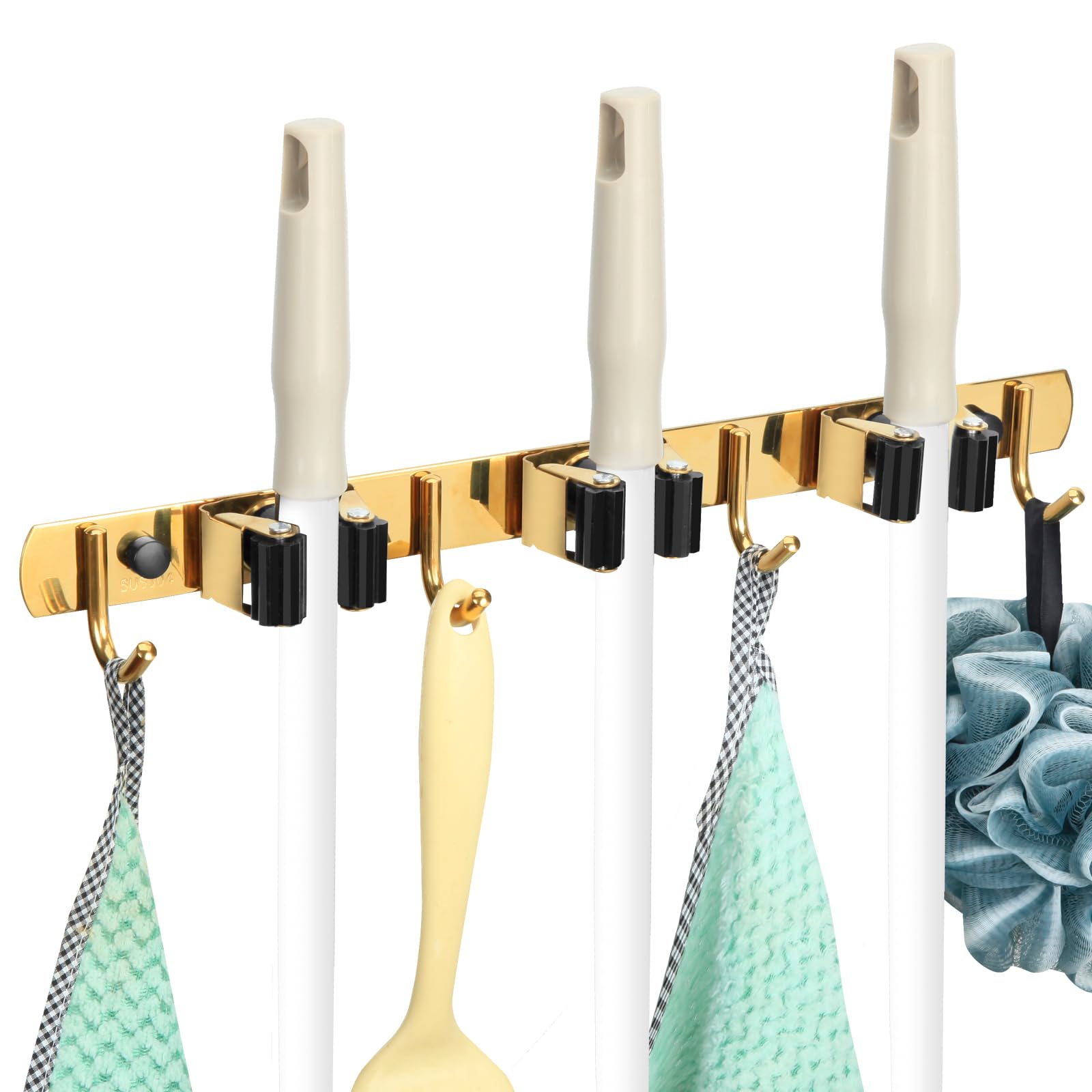 3 Racks and 4 Heavy Duty Hooks Mop and Broom Holder Wall Mount