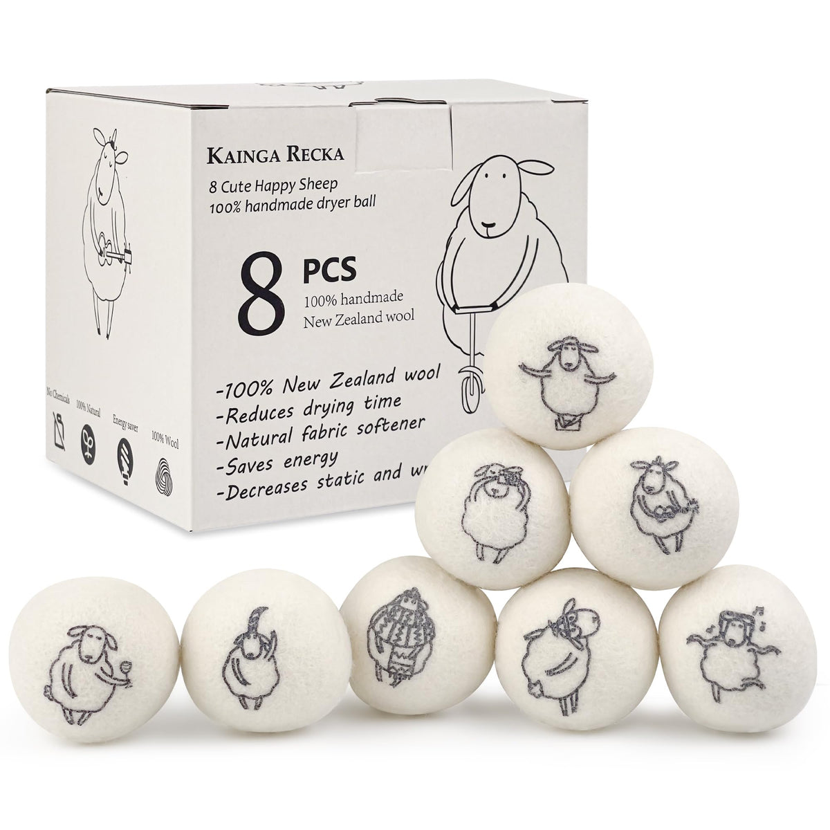 8PCS Wool Dryer Balls with Happy Sheep (8 Count)