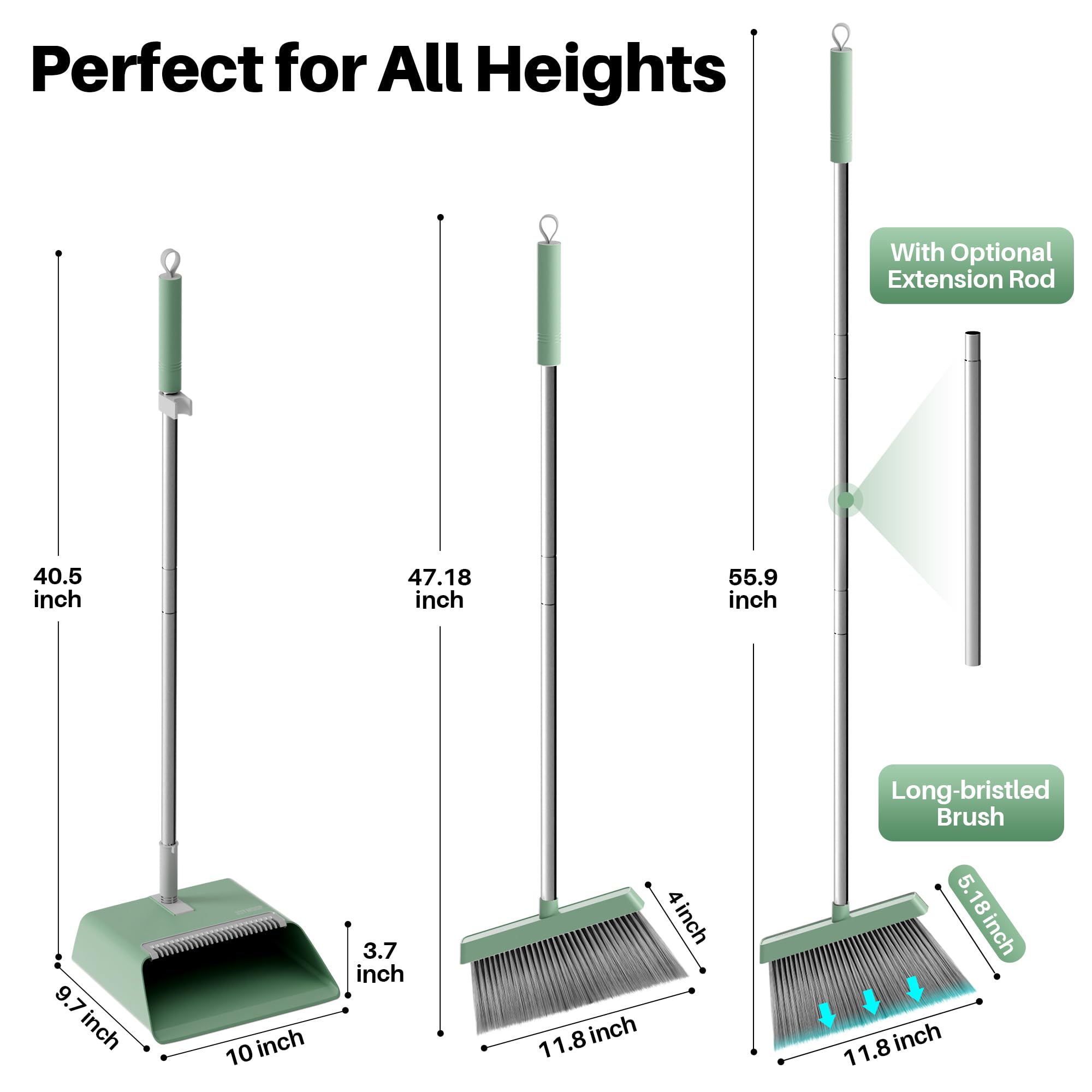 Dark Teal Green Broom and Dustpan Set with 56” Handle