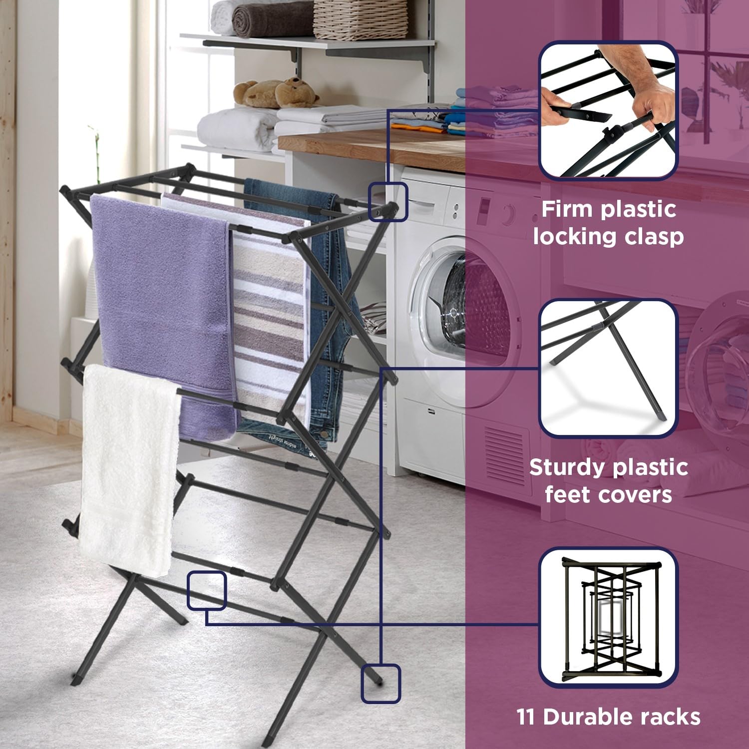 3 Tier Expandable Collapsing Foldable Laundry Rack for Air Drying Clothing