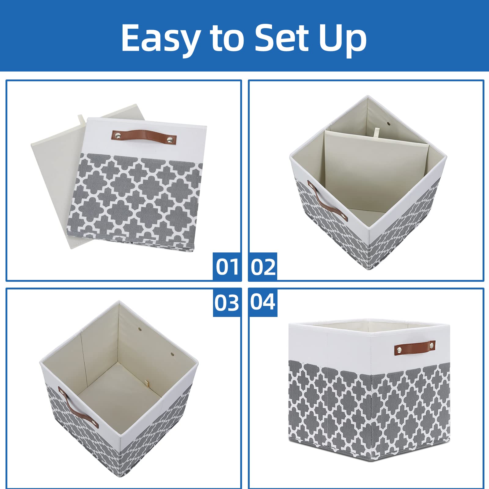 12x12x12 Fabric Storage Bins 4 Pack with Leather Handle