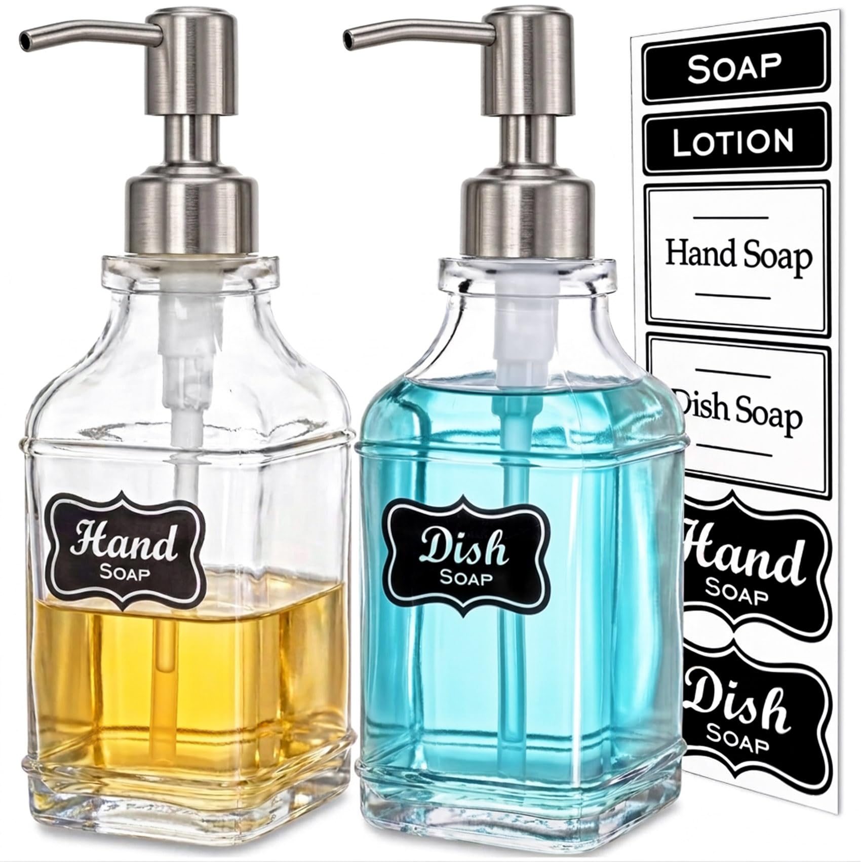 2Pack Hand&Dish Glass Soap Dispenser with Rust Proof Pump & Stickers (2 Count)