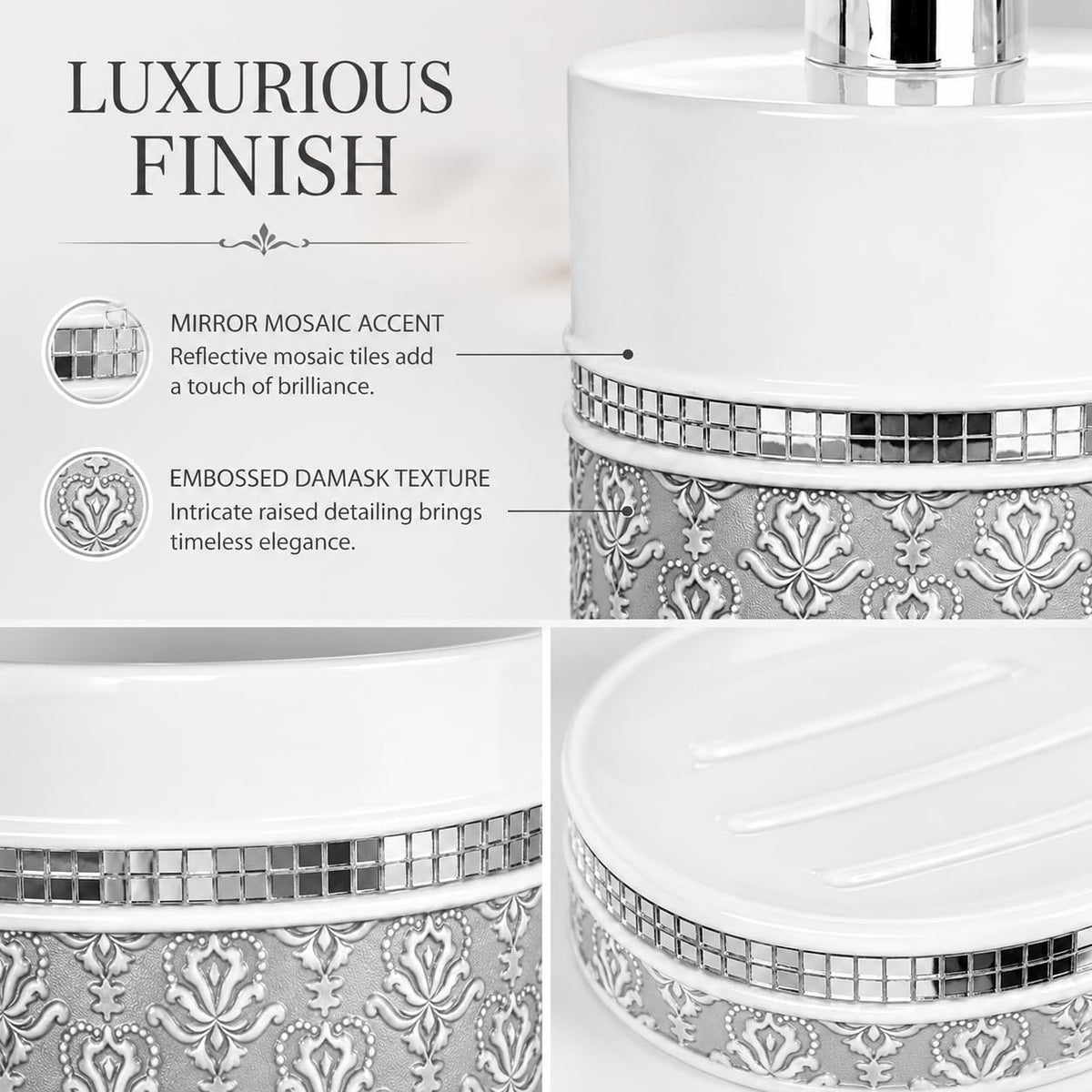 Mirror Damask 4 Piece Resin Bathroom Accessories Set