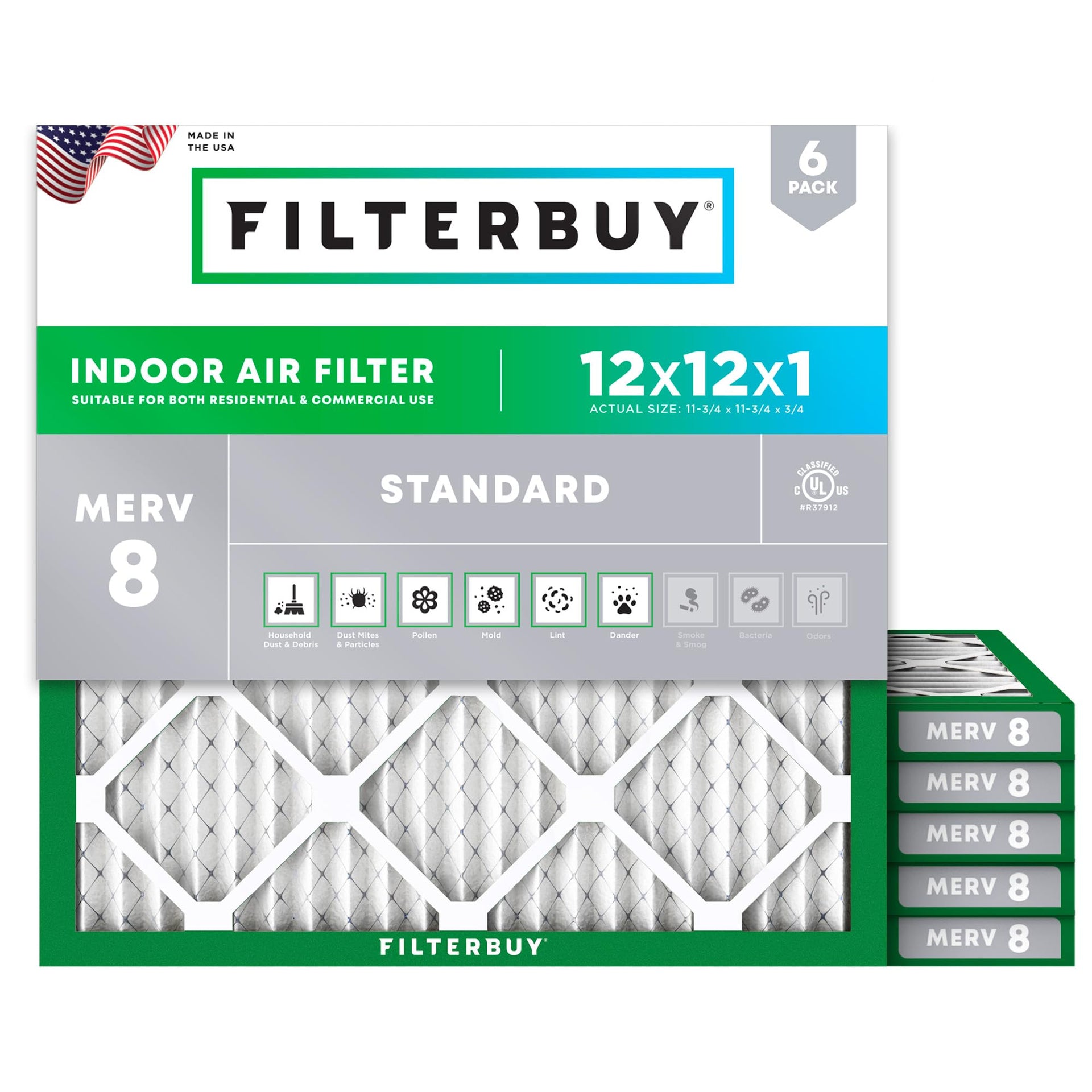 12x12x1 Air Filter MERV 8 Dust & Allergy Defense (6 Count)