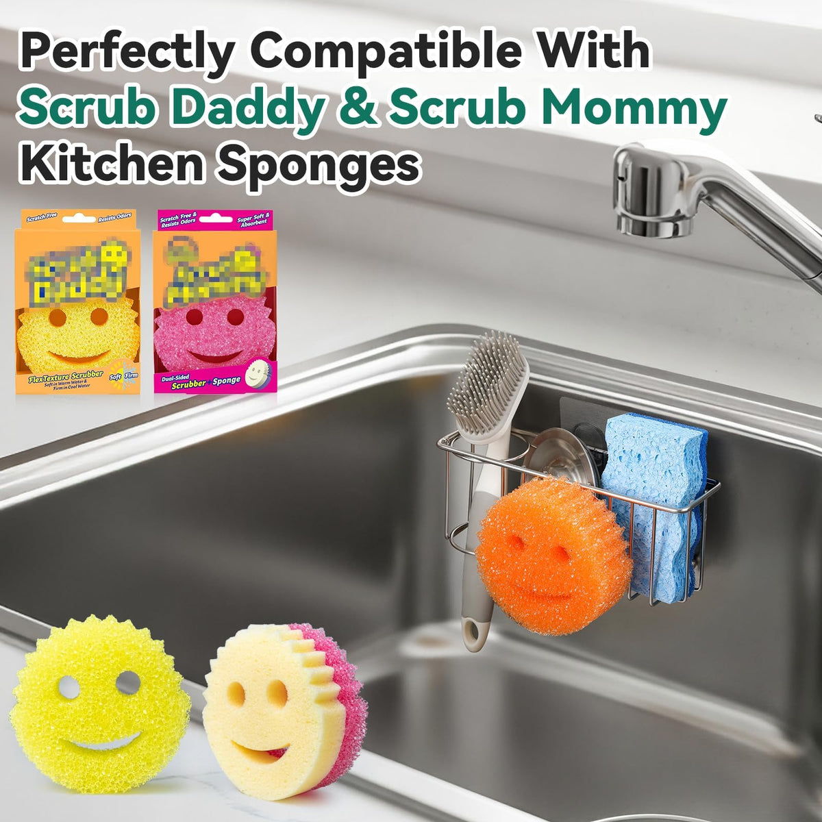 3-IN-1 Multiuse Sponge Holder for Kitchen Sink, Sponge Caddy for Scrub Daddy/Scrub Mommy Smiley Face, Sink Organizer Accessories for Dish Brush, Scrubber - with 2 Suction Cups & 1 Adhesive Hook