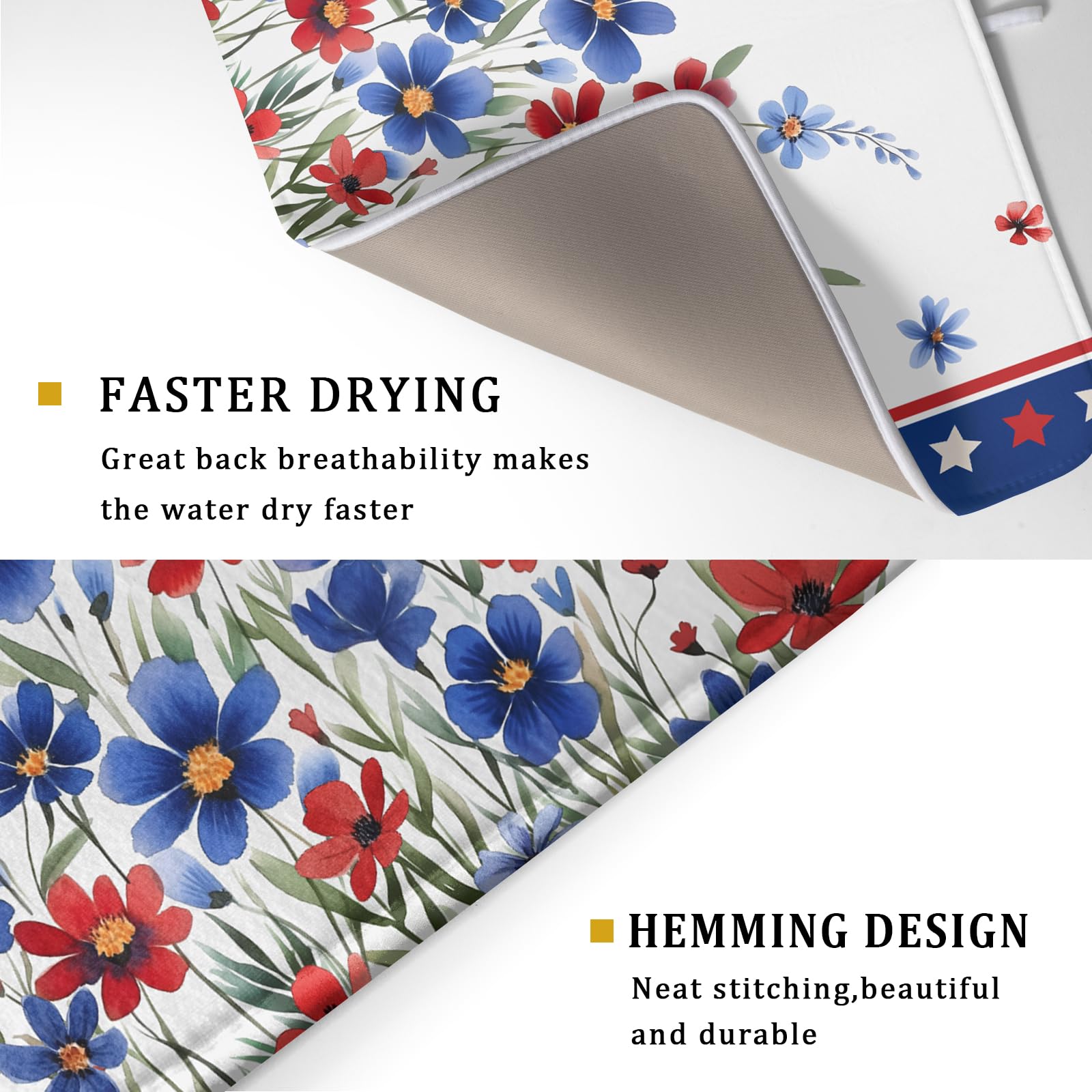 4th of July Dish Drying Mats for Kitchen Counter Patriotic Star Microfiber Absorbent Dish Drainer Rack Mat Summer Floral Independence Day Protector Sinks Dishes Pad for Countertop Table Decor 16”x18”