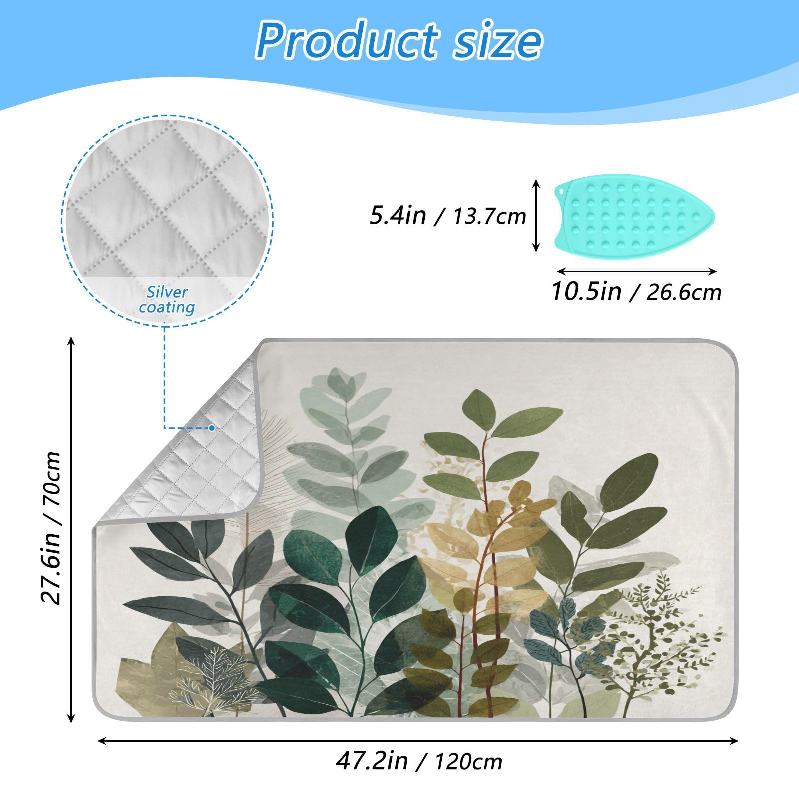 Beige Boho Style Leaves Ironing Mat Portable Ironing Pad Blanket with Silicone Iron Rest for Table Top Travel Heat Resistant Double