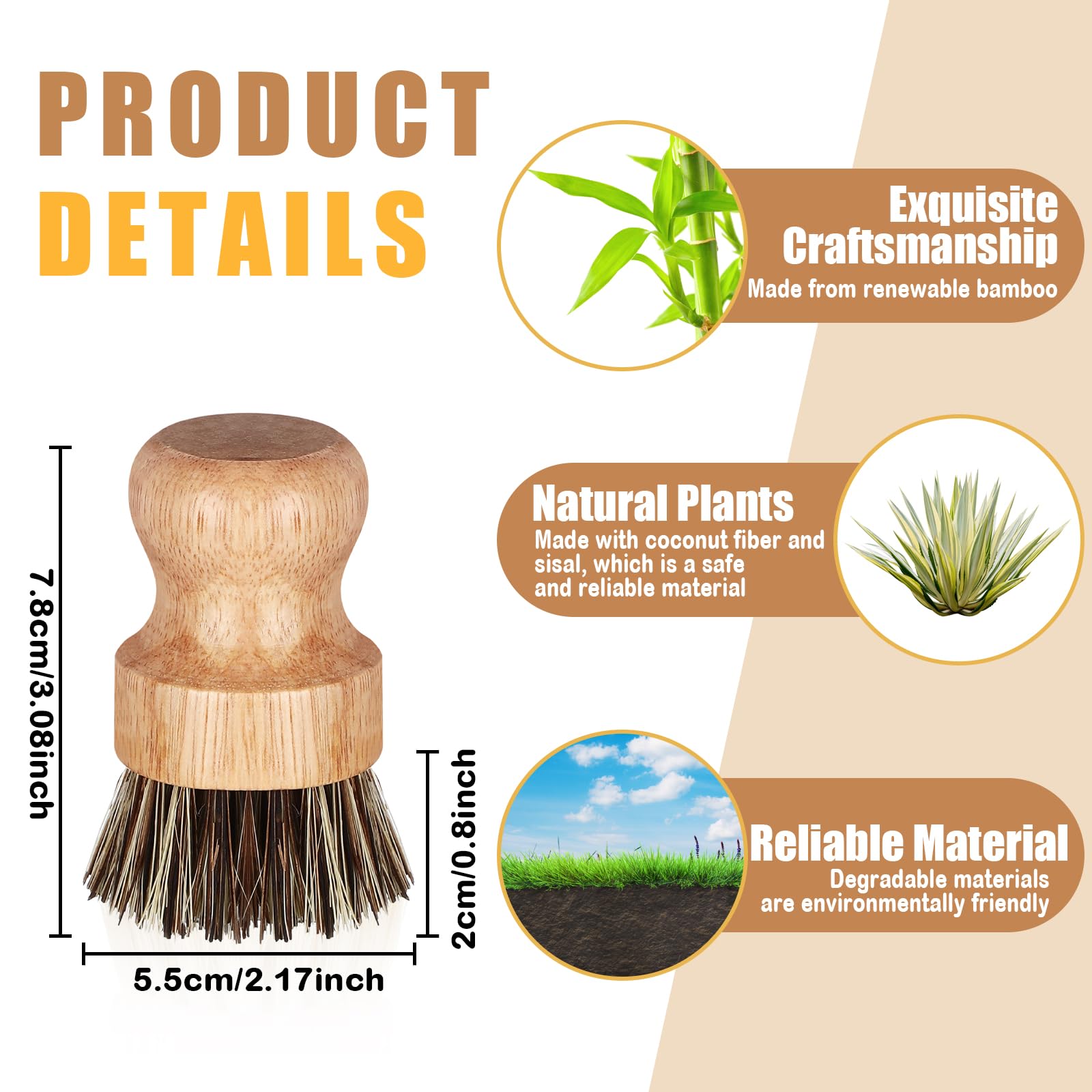6 Packs Bamboo Dish Scrub Brushes Wooden Scrubbers Set Kitchen Dishwashing Scrubber with Natural Sisal Bristles for Iron Pot Pan Sink (6 Count)