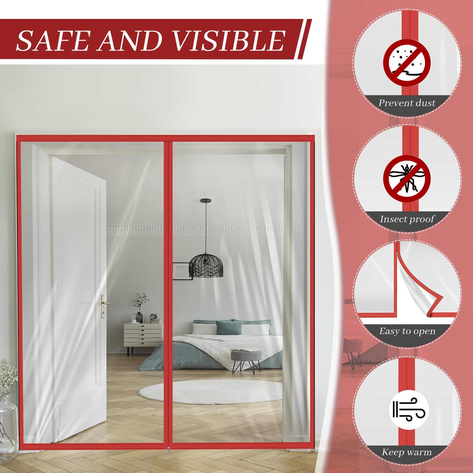 Zipper 72 x 80 Inch Dust Barrier Door Red 6 x 6.7 ft Winter Construction Door Reusable Plastic Curtain Cover Containment Standard Doorway Temporary Wall Screen Sheeting for Bathroom Hallway