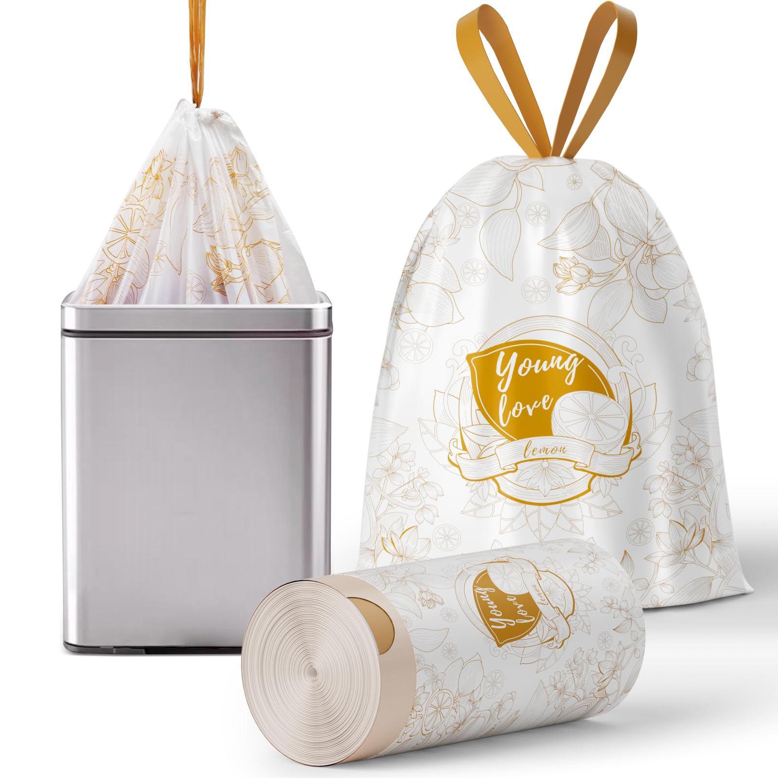 13 Gallon Trash Bags with Lemon Print & Drawstring (50 Count)