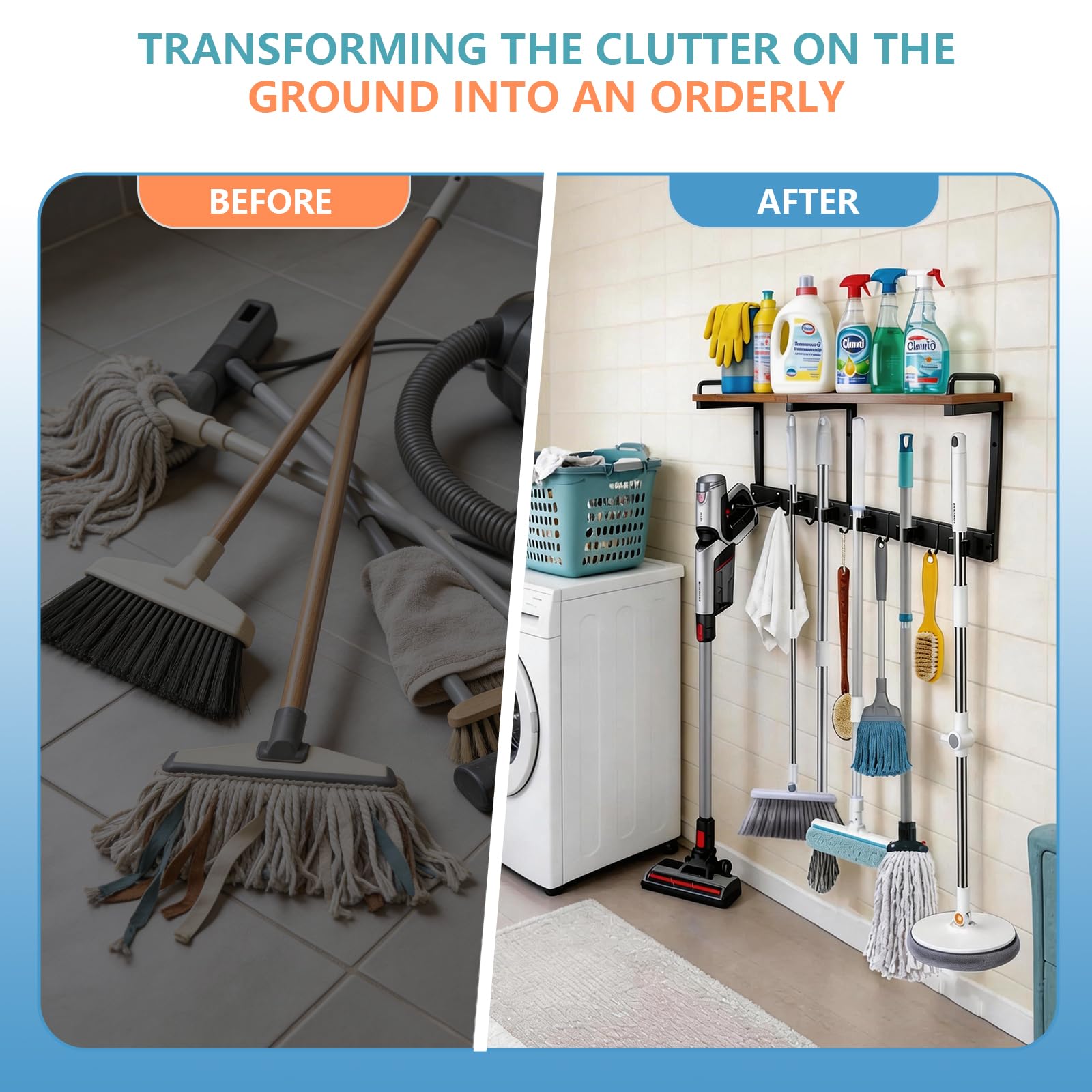 Broom Holder Wall Mount With Cleaning Supplies Organizer Shelf Broom And Mop Organizer Wall Hanging With Vacuum Holder Wall Mount
