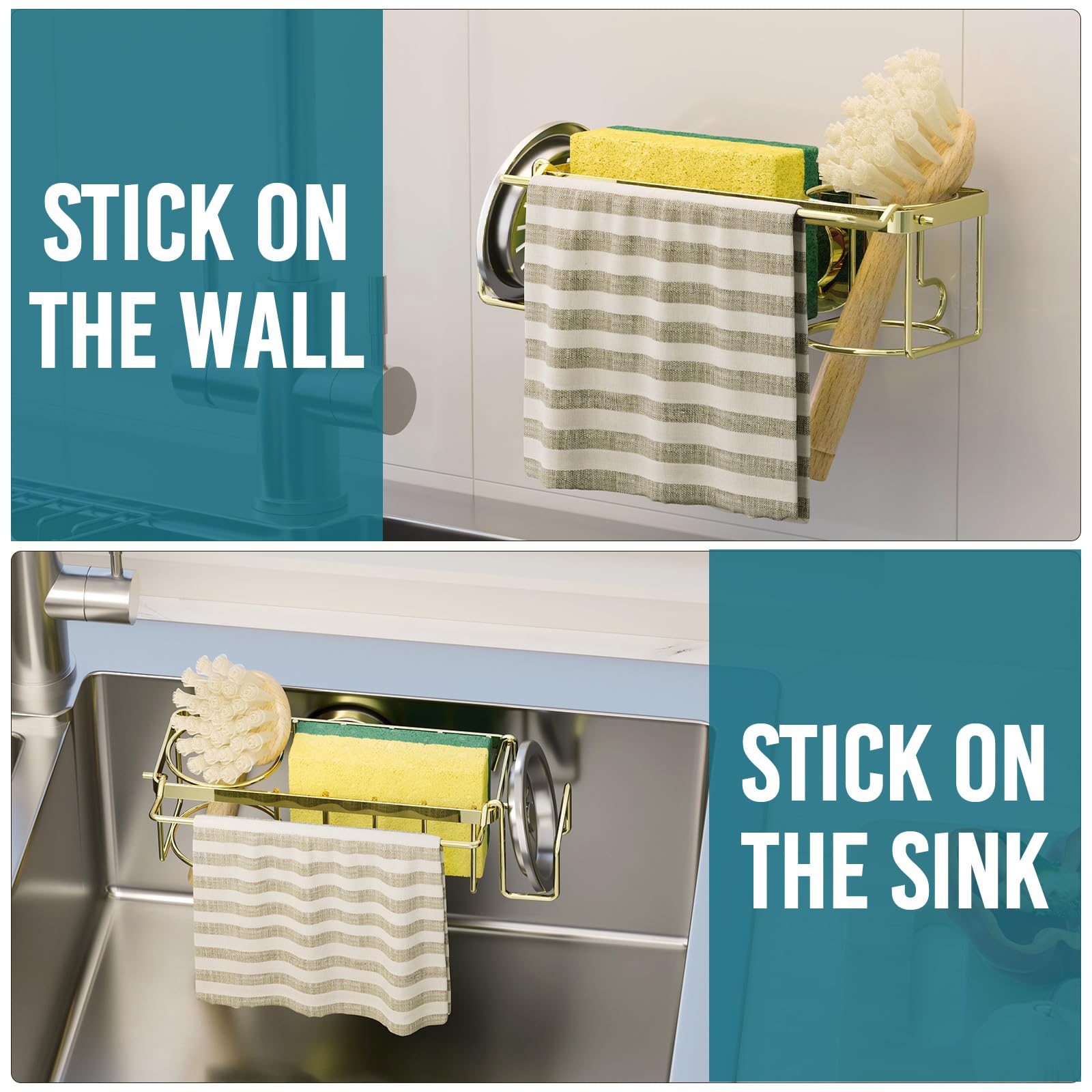 4-in-1 Sink Sponge Holder for Kitchen with Strong Suction Cup-Gold