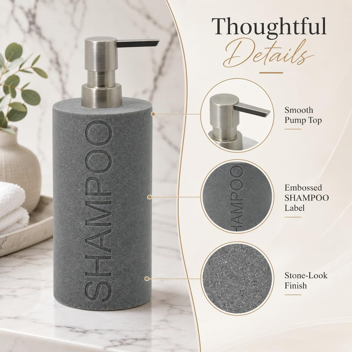 Resin Neutral Gray Sandstone Shampoo Engraved Bottle Refillable Pump Dispenser
