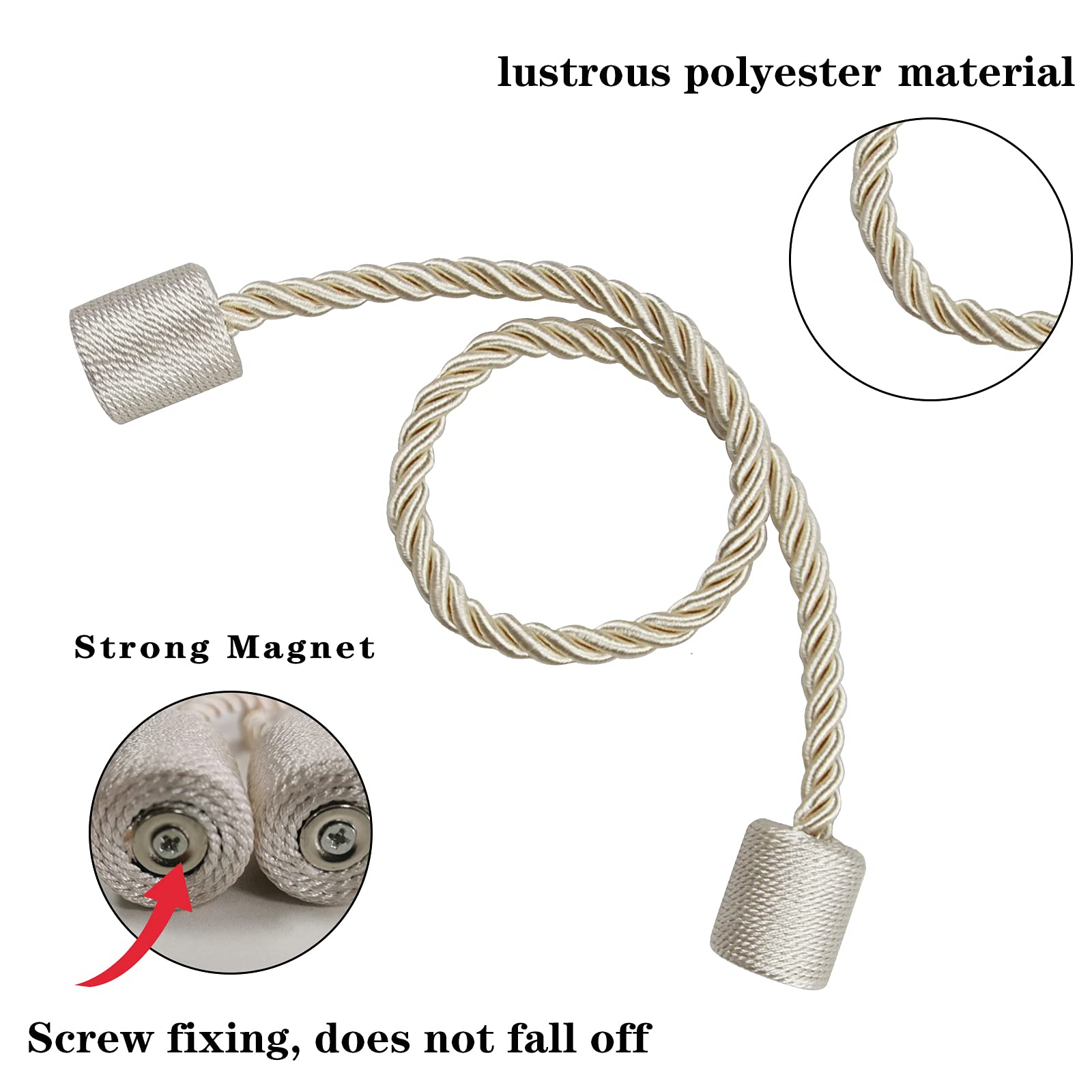 6 Pack Beige Strong Magnetic Curtain Tiebacks Outdoor Elegant Decorative Tie Backs Modern Rope Tiebacks for Drapes Window Curtain Holdbacks for Draperies (6 Count)