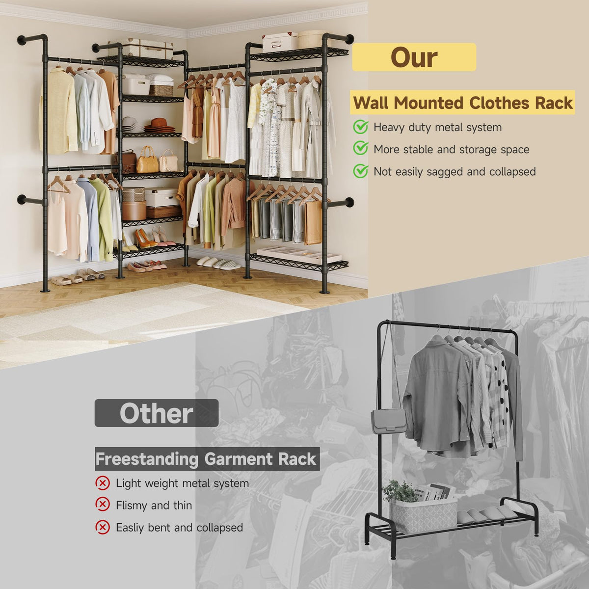 L4 Wall Mounted Heavy Duty Corner Industrial Pipe Clothing Rack