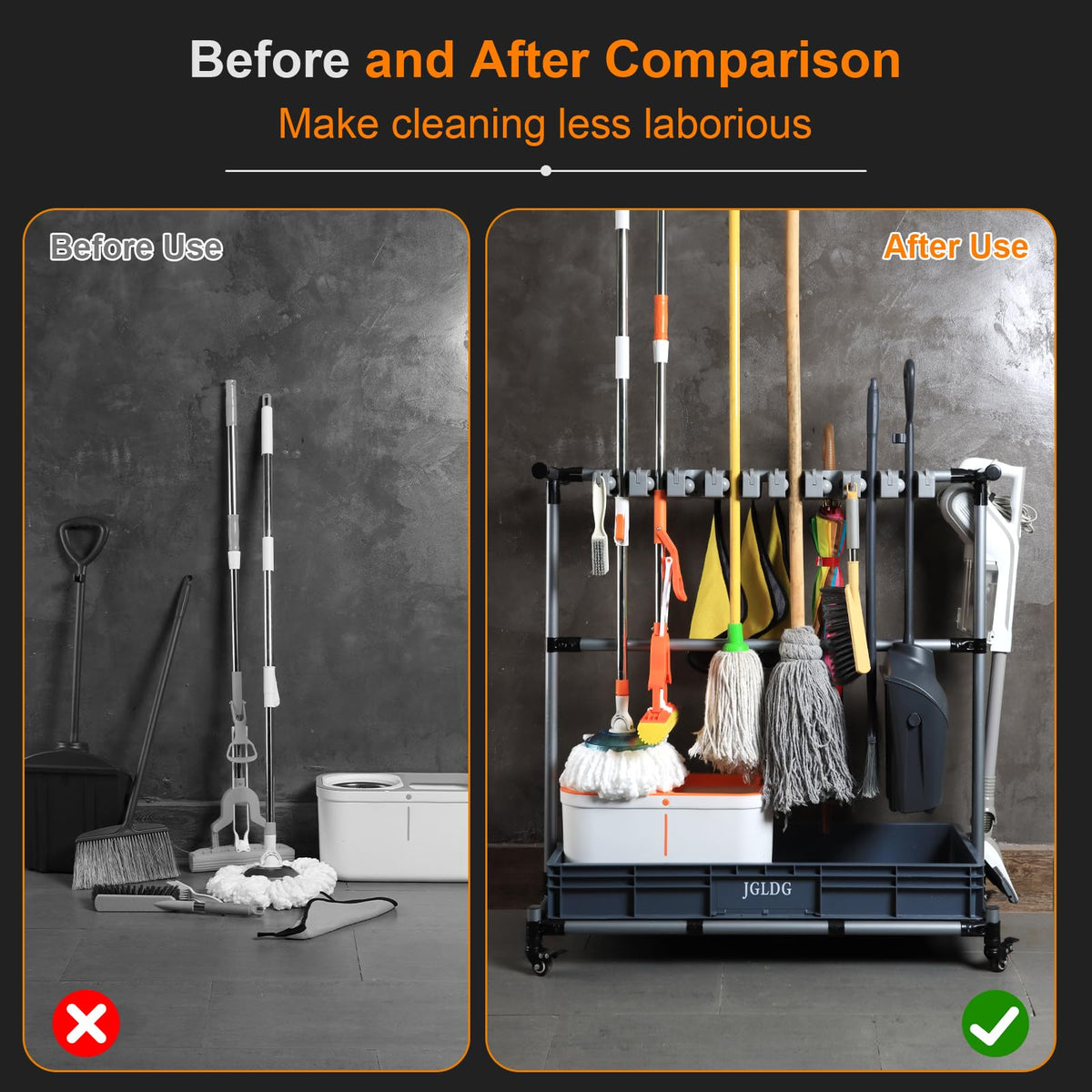 Mop and Broom Holder with Wheels