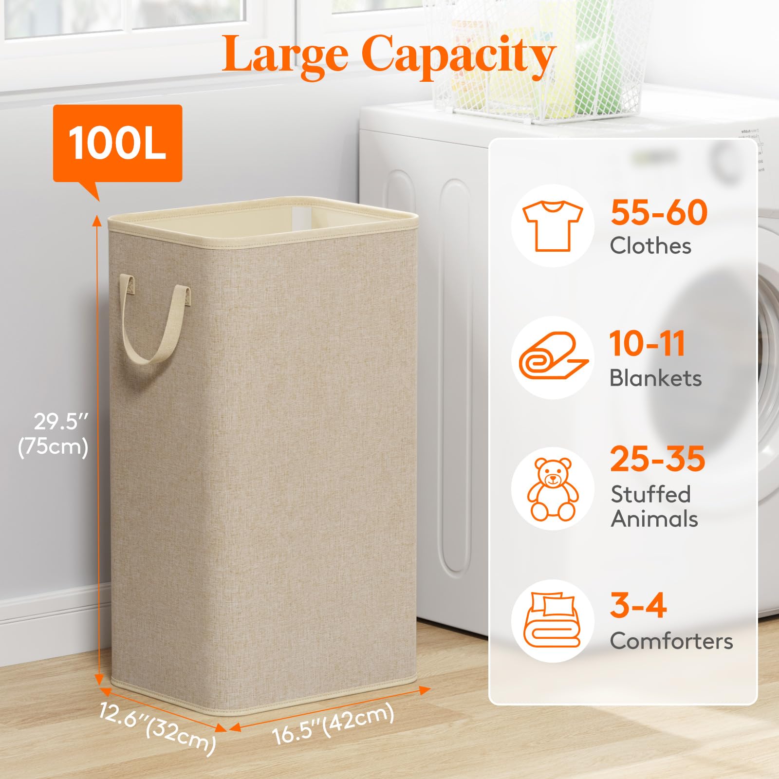 100L Large Laundry Basket with Handles